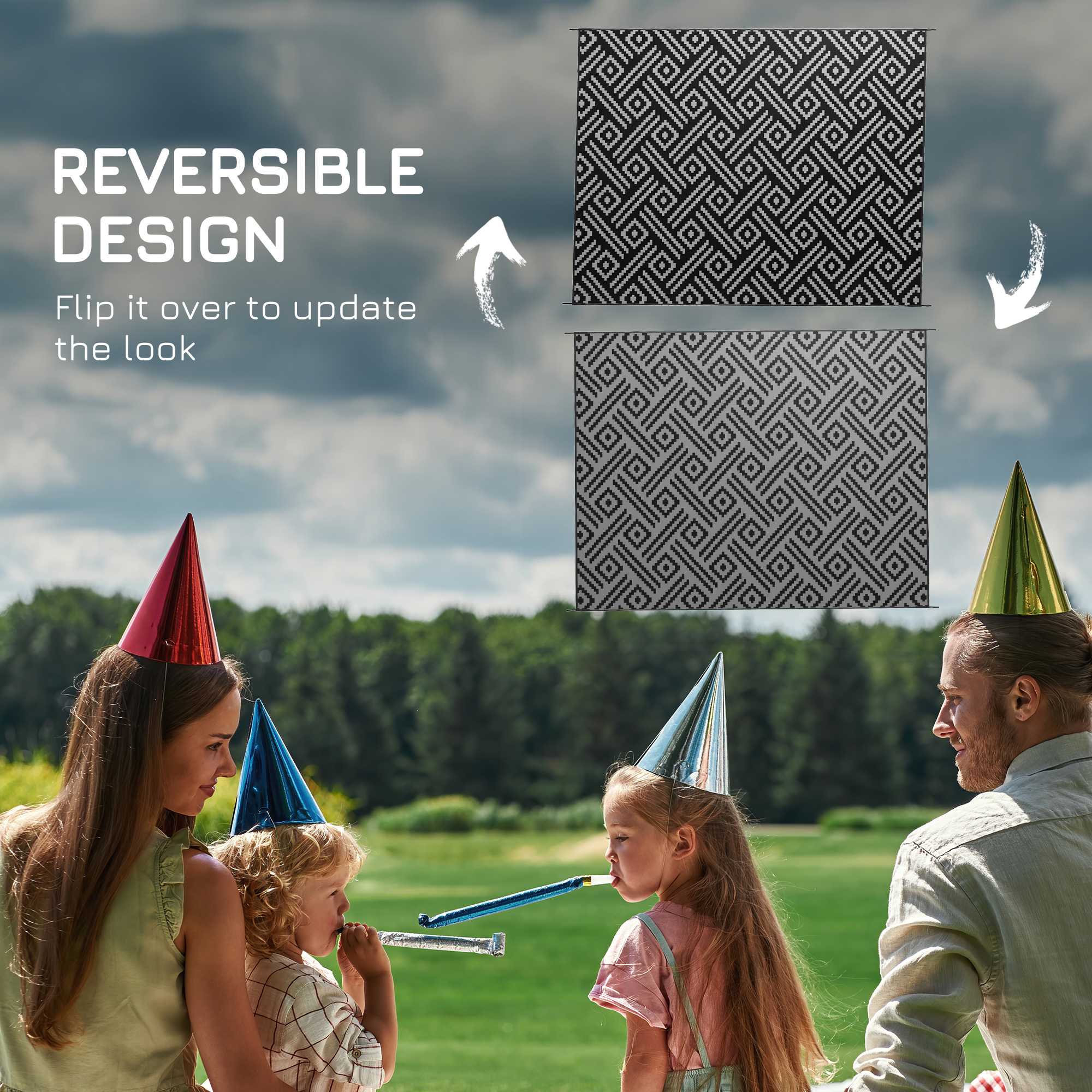 Reversible Outdoor Rug Waterproof Plastic Straw RV Rug with Carry Bag, 9' x 12', Black and Grey Geometric - Image 5