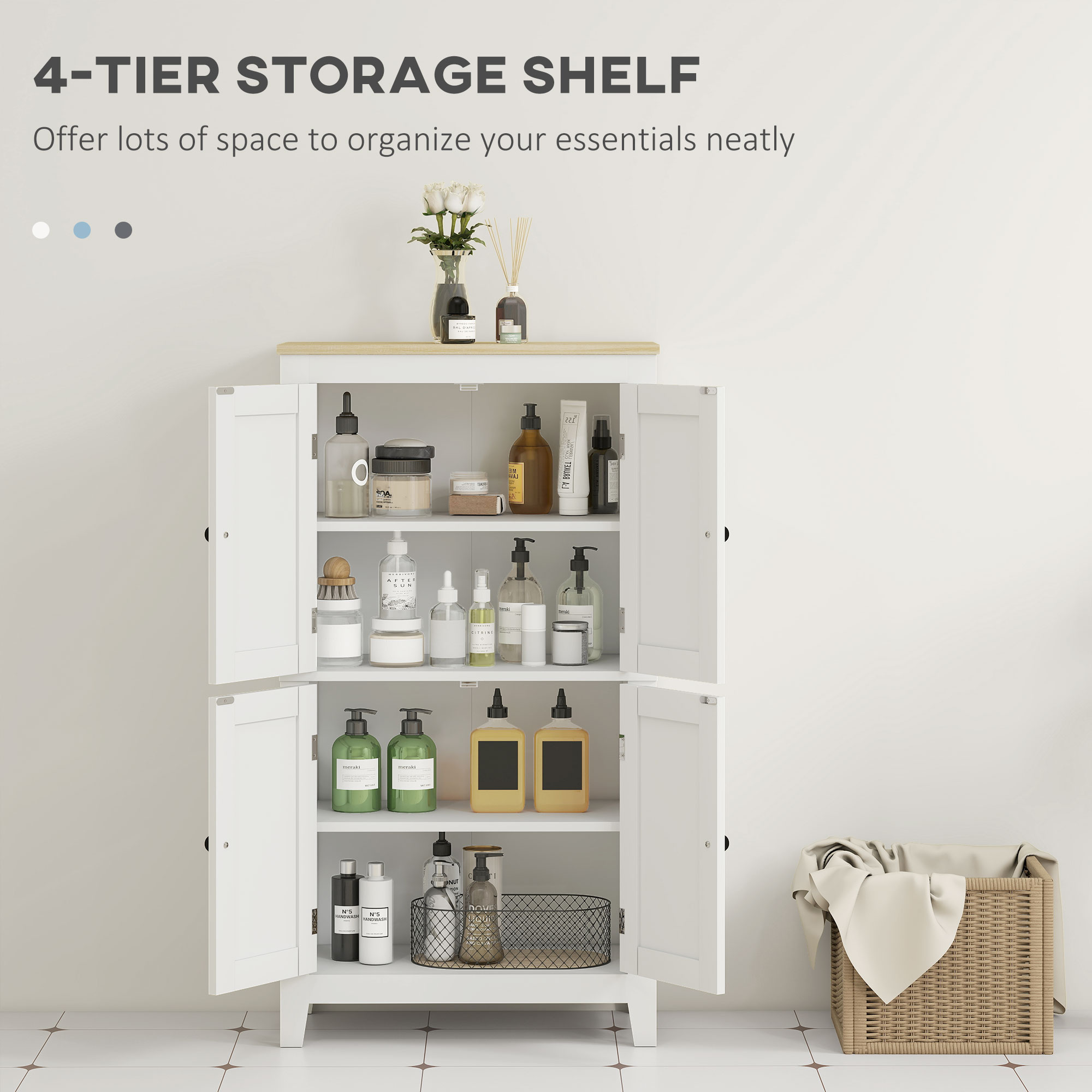 Bathroom Storage Cabinet, Modern Bathroom Floor Cabinet with 4 Doors and 2 Adjustable Shelves, White - Image 2