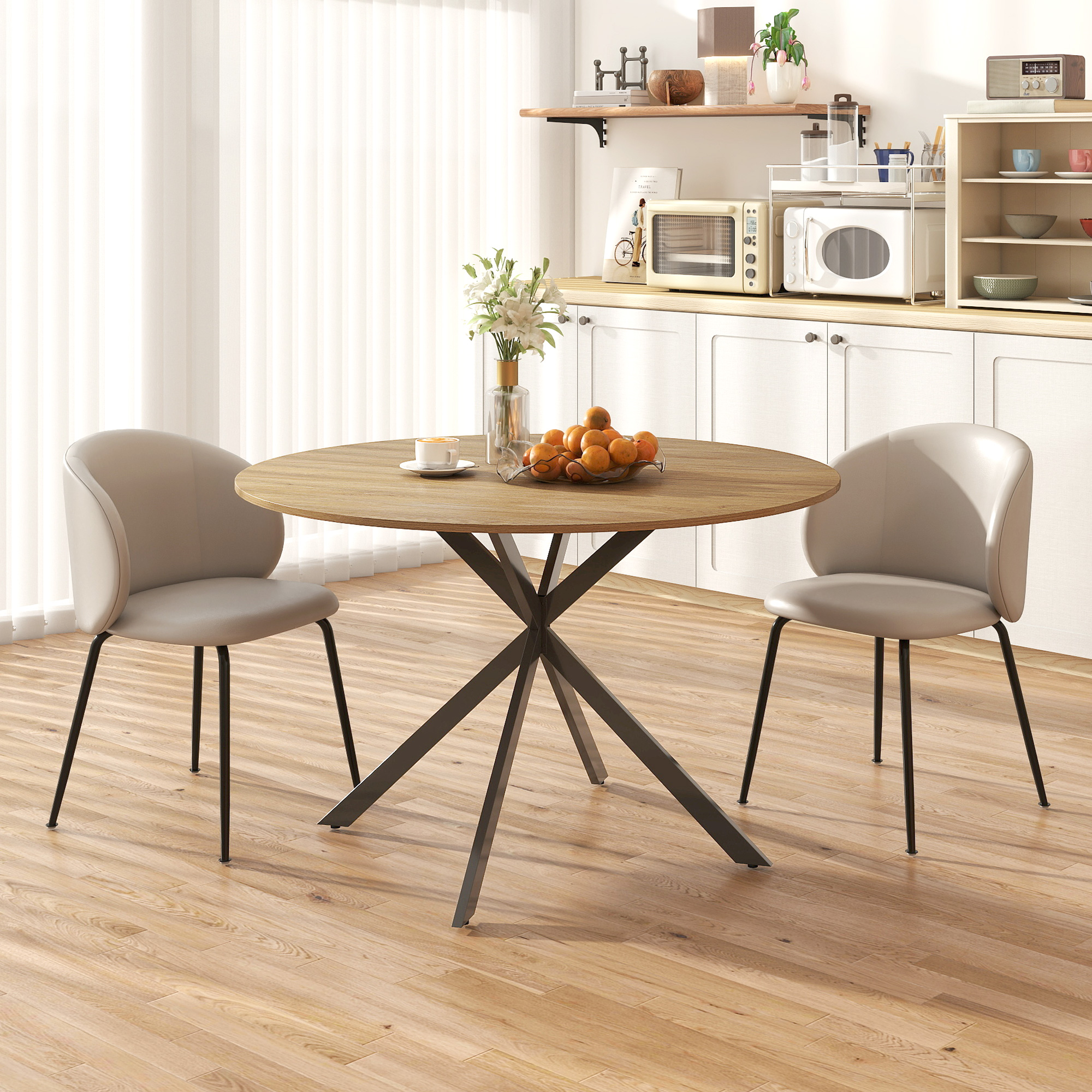 47" Round Kitchen Table for 4, Industrial Dining Table with Steel Legs for Dining Room, Brown and Black - Image 5