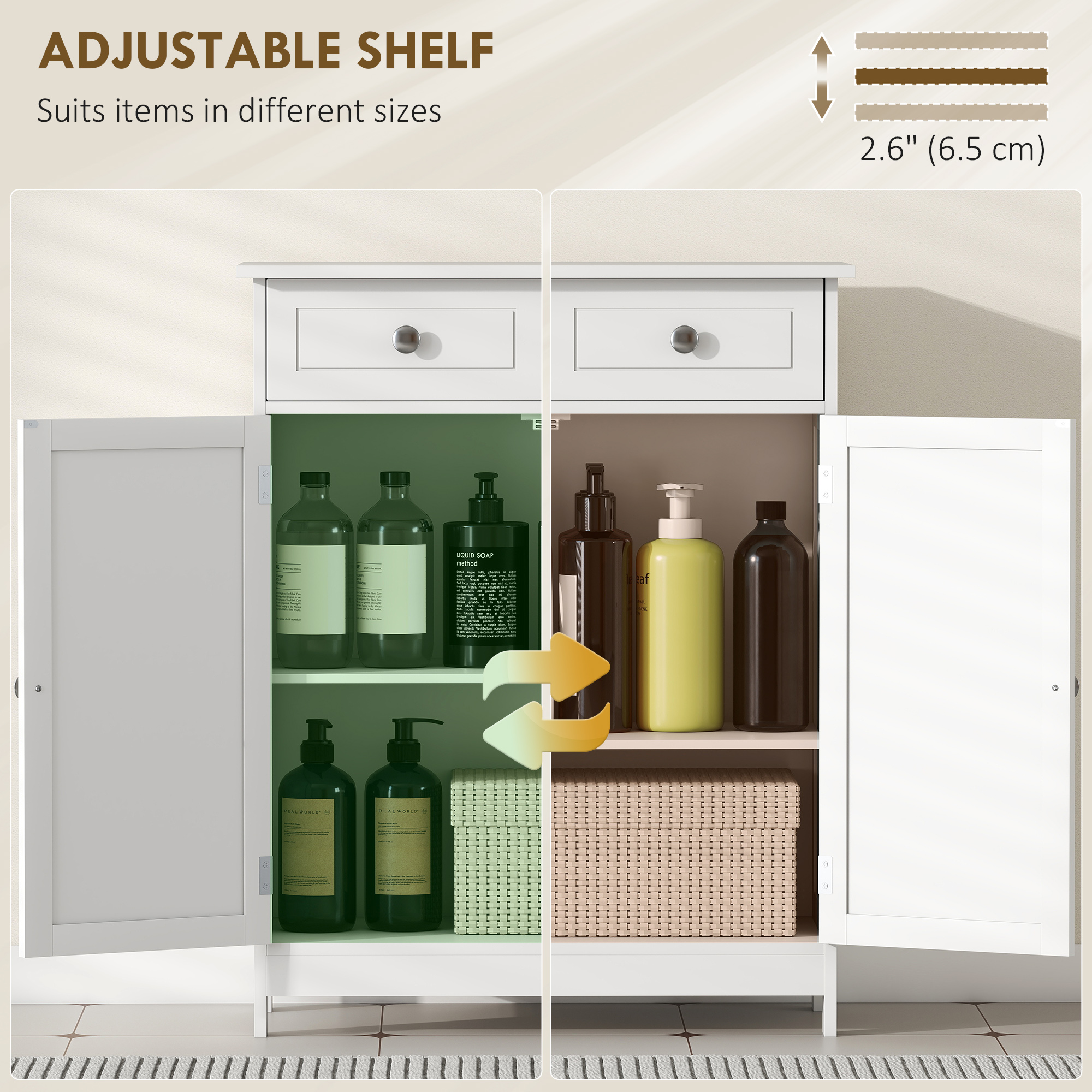 Freestanding Bathroom Floor Cabinet, Organizer Floor Tower with 2 Door, 2 Drawers, Adjustable Shelf, White - Image 3