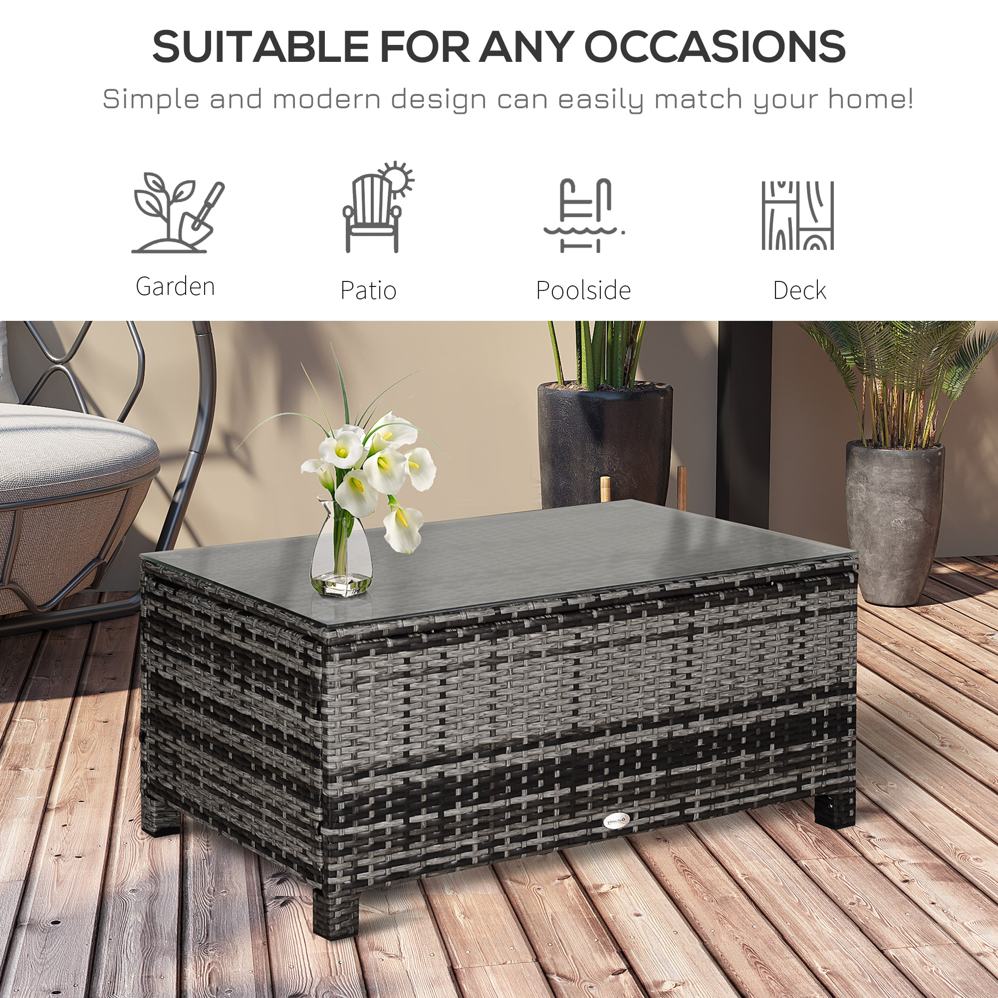 Outdoor PE Rattan Wicker Table, Patio Garden Side Table w/Glass Top for Patio, Balcony, Mixed Grey - Image 4