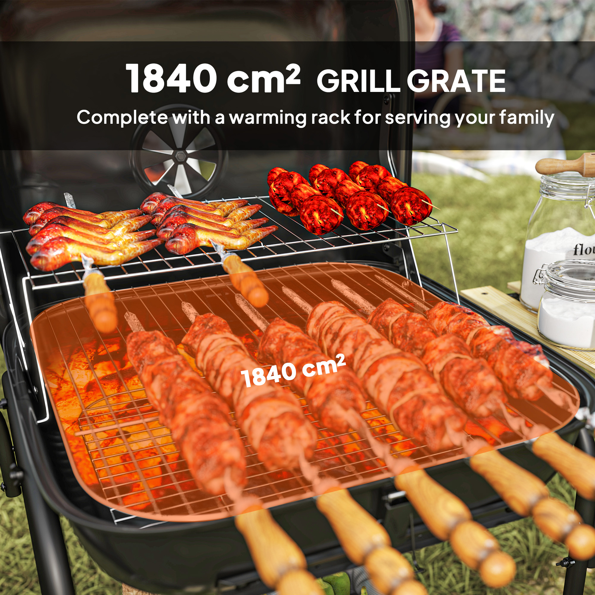 Charcoal BBQ Grill, BBQ Grill with 1840 cm² Cooking Area, 3 Shelves, Adjustable Vent, Lockable Lid, Wheels, Black - Image 2