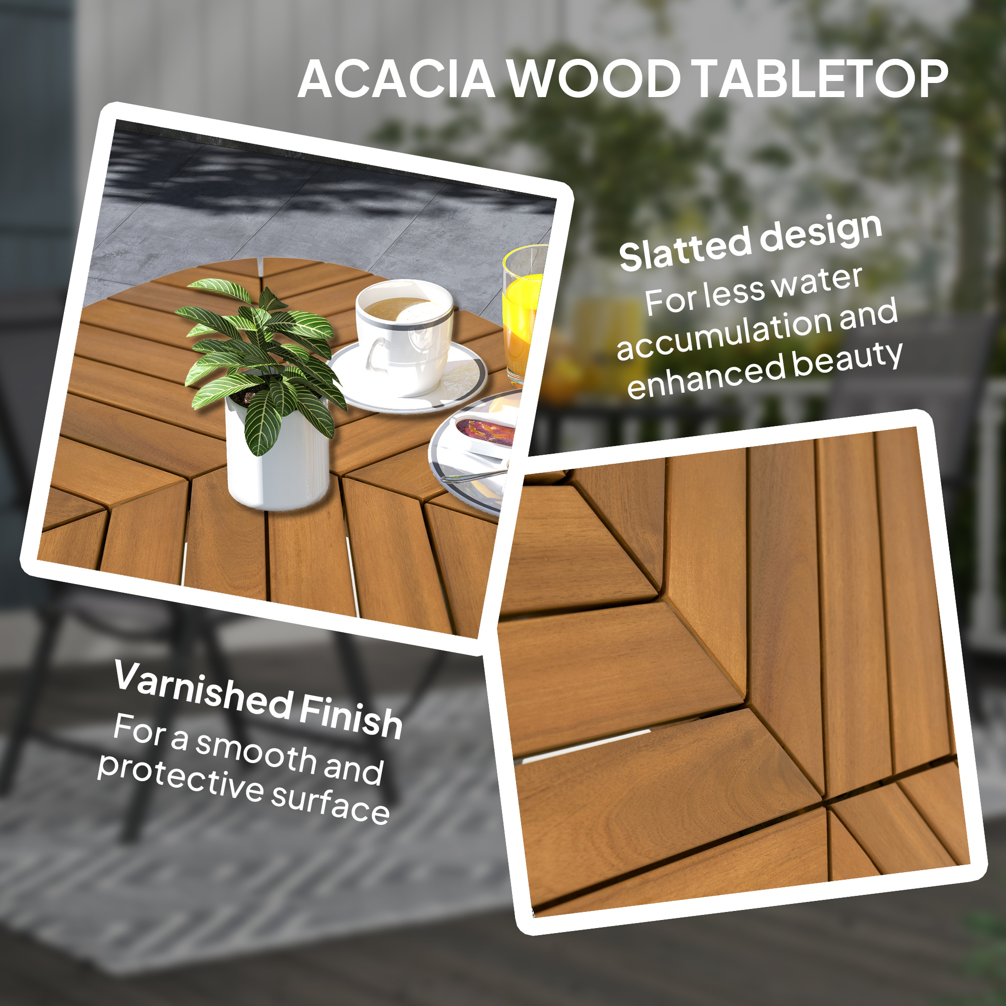 35.4" Outdoor Dining Table with Slatted Acacia Wood Leaf Tabletop, Patio Table with Steel Legs for Garden, Yard, Teak - Image 3