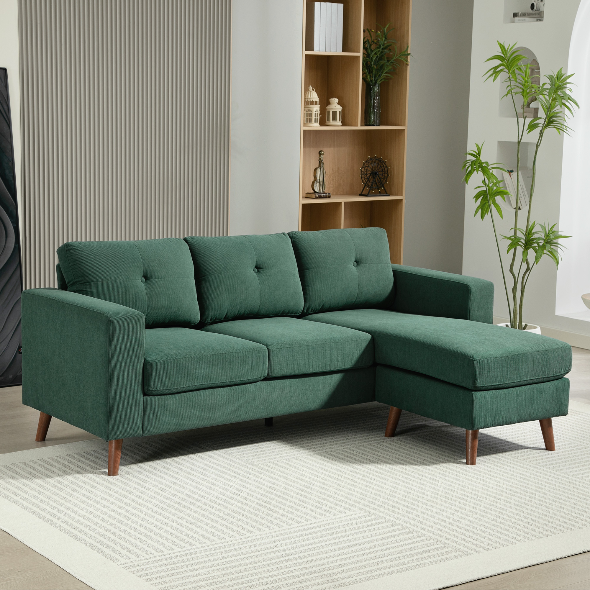 Sectional Sofa with Changeable Chaise Lounge, 3 Seat L-Shaped Sofa, Upholstered Couch for Small Space, Dark Green - Image 6
