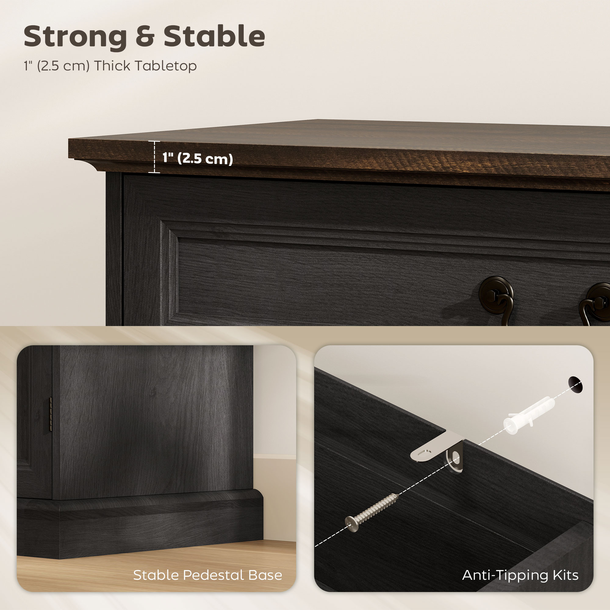 Buffet Cabinet, 32" Farmhouse Sideboard with Thick Top, Quiet Drawer and Adjustable Shelf, Black Wood Grain - Image 4