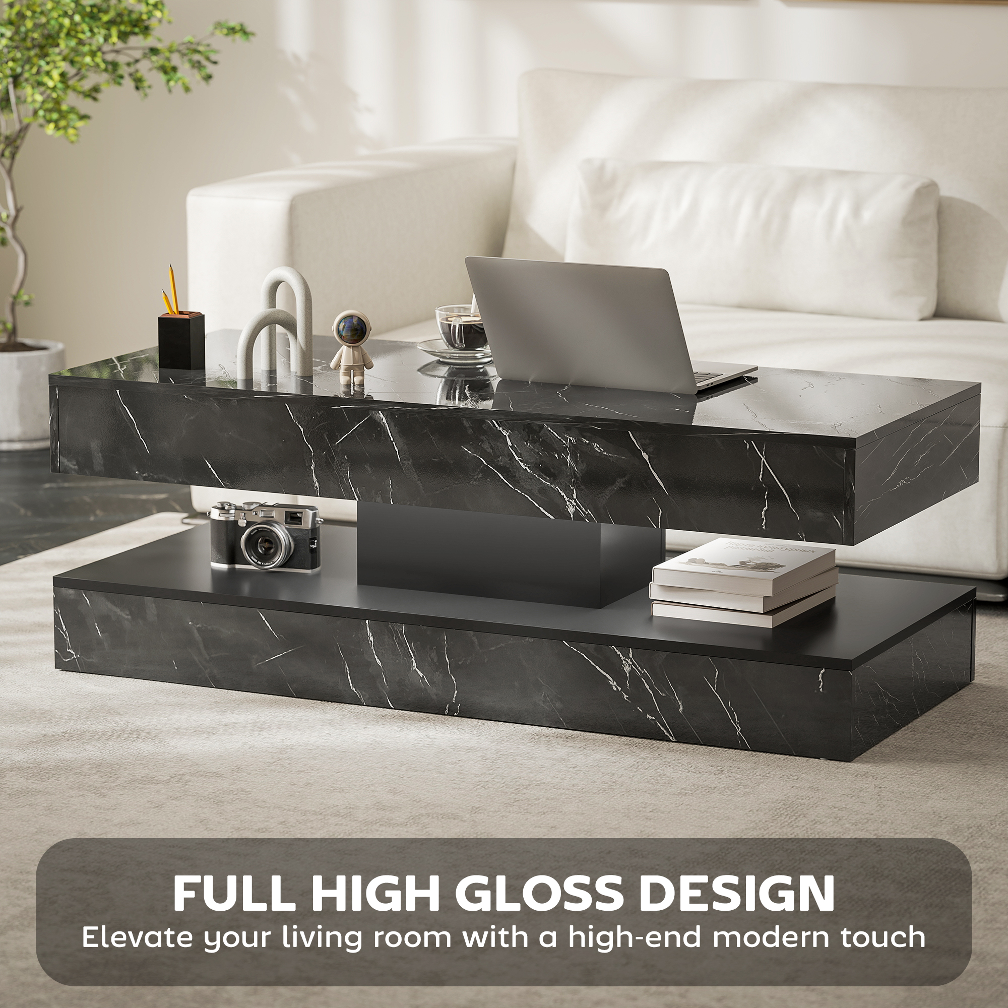 Coffee Table with Adjustable LED Lights, Center Table with 2 Drawers, Open Shelf, Remote, High Gloss Marble-Effect Black - Image 4