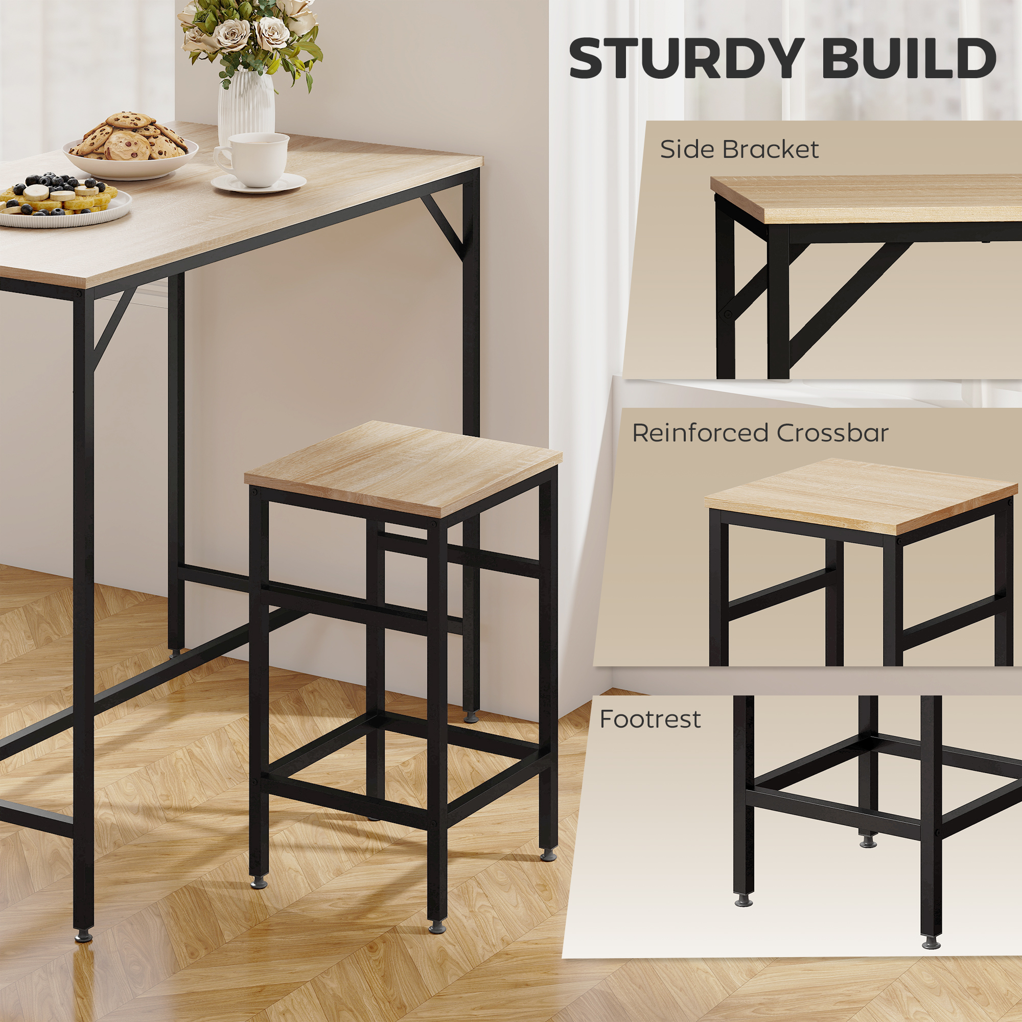 5 Pieces Industrial Rectangular Bar Table Set, Dining Table Set Breakfast Table with 4 Stools for Dining Room, Kitchen, Dinette, Oak - Image 3