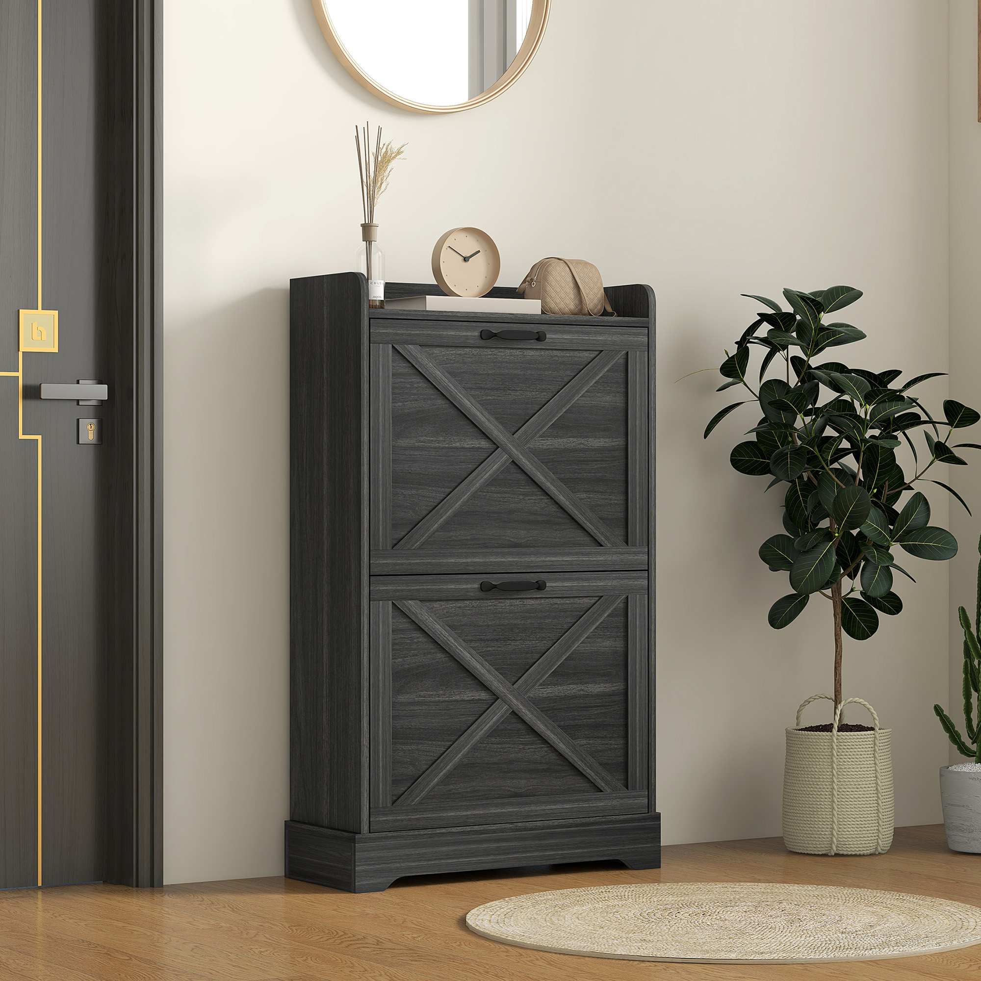 Slim Shoe Storage Cabinet, Farmhouse Shoe Cabinet with 2 Flip Drawers, Adjustable Shelves for 8 Pairs, Distressed Grey - Image 6