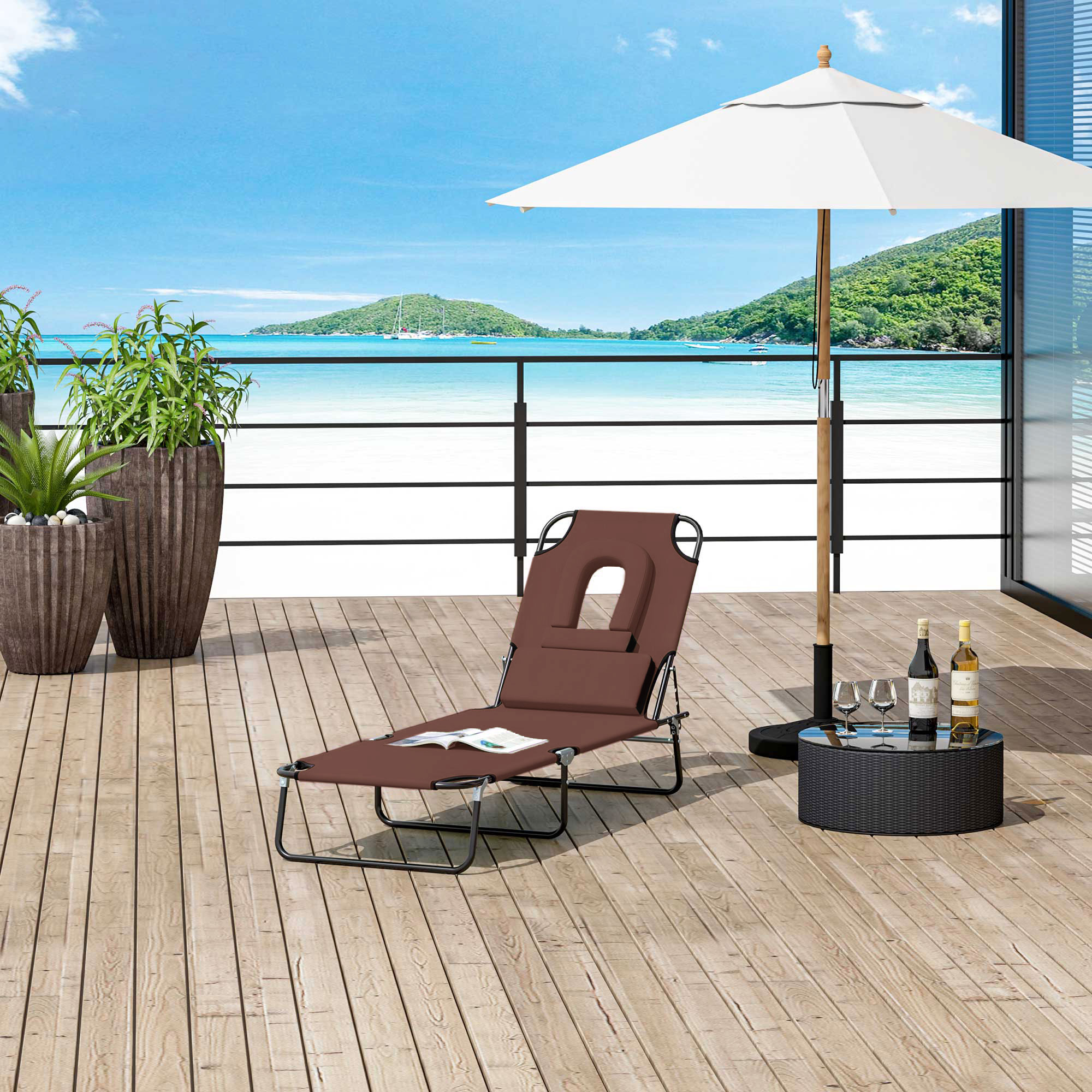 Folding Chaise Lounge Chair, Reclining Beach Tanning Chair with Face Hole, Pillow, 4-Position Adjustable Lay Flat Sun Lounger, Steel Frame for Outdoor Patio Pool, Brown - Image 6