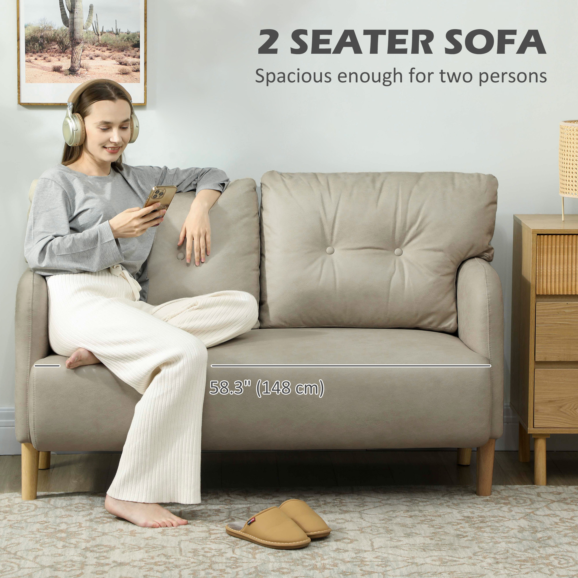 58" 2 Seat Sofa, Modern Love Seats Furniture, Upholstered 2 Seater Couch, Solid Wood Frame, Beige - Image 2