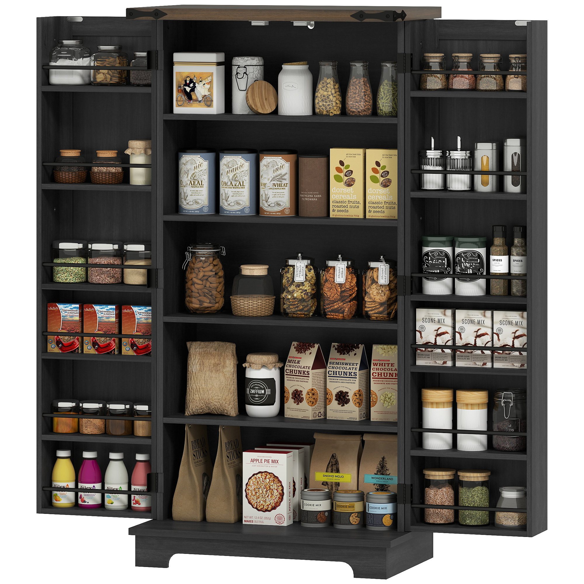 47" Kitchen Pantry Storage Cabinet, Farmhouse Kitchen Pantry Cabinet with Adjustable Shelves and Door Shelves, Black