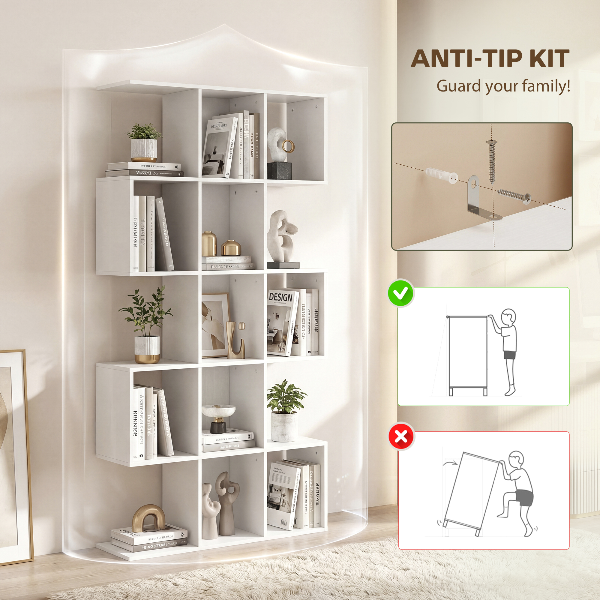 5-Tier Bookshelf, S Shaped Geometric Bookcase with 15 Compartments, White Wood Grain - Image 5