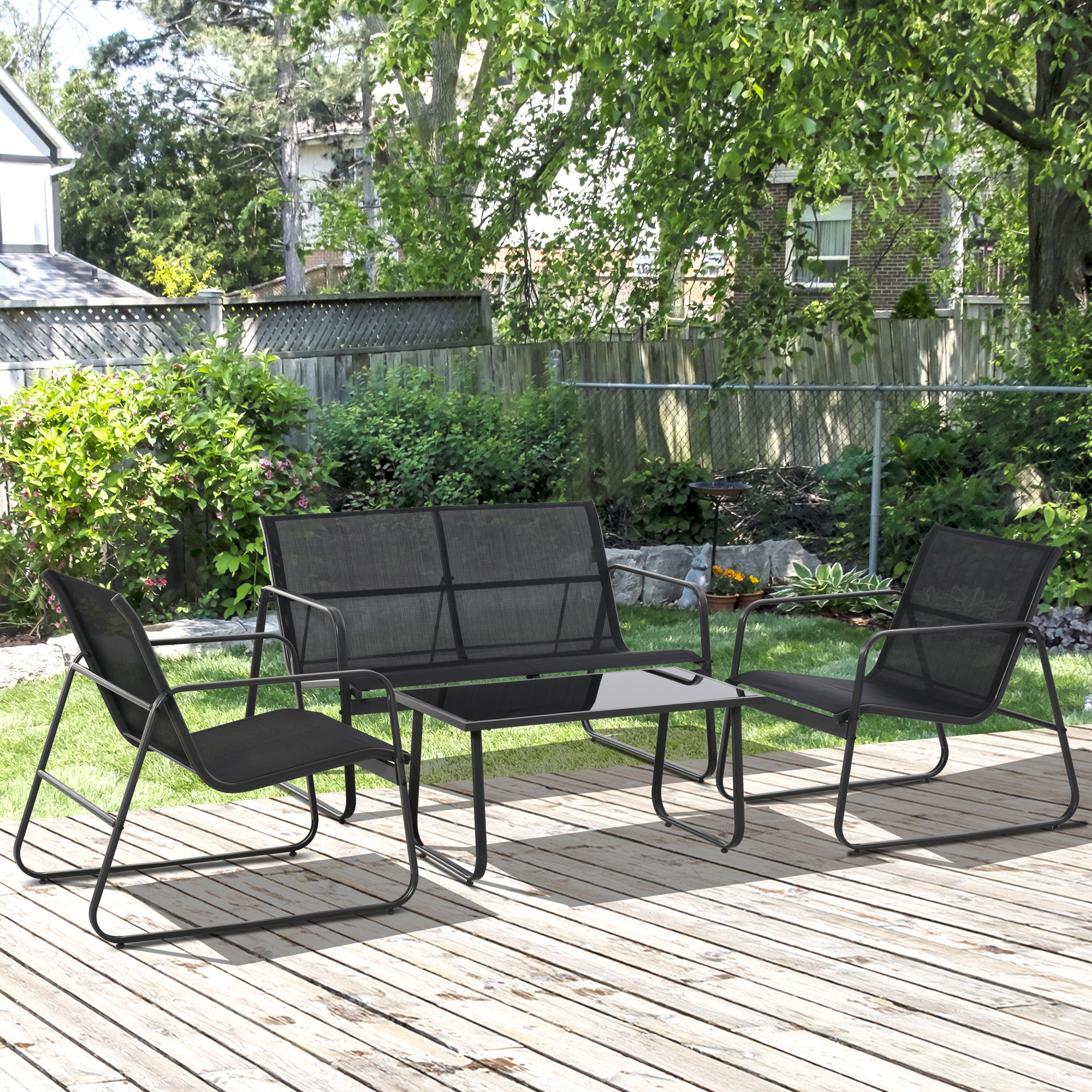 4 Piece Patio Furniture Set, Outdoor Conversation Set with Loveseat Sofa, Armchairs, Glass Top Coffee Table, Black - Image 6