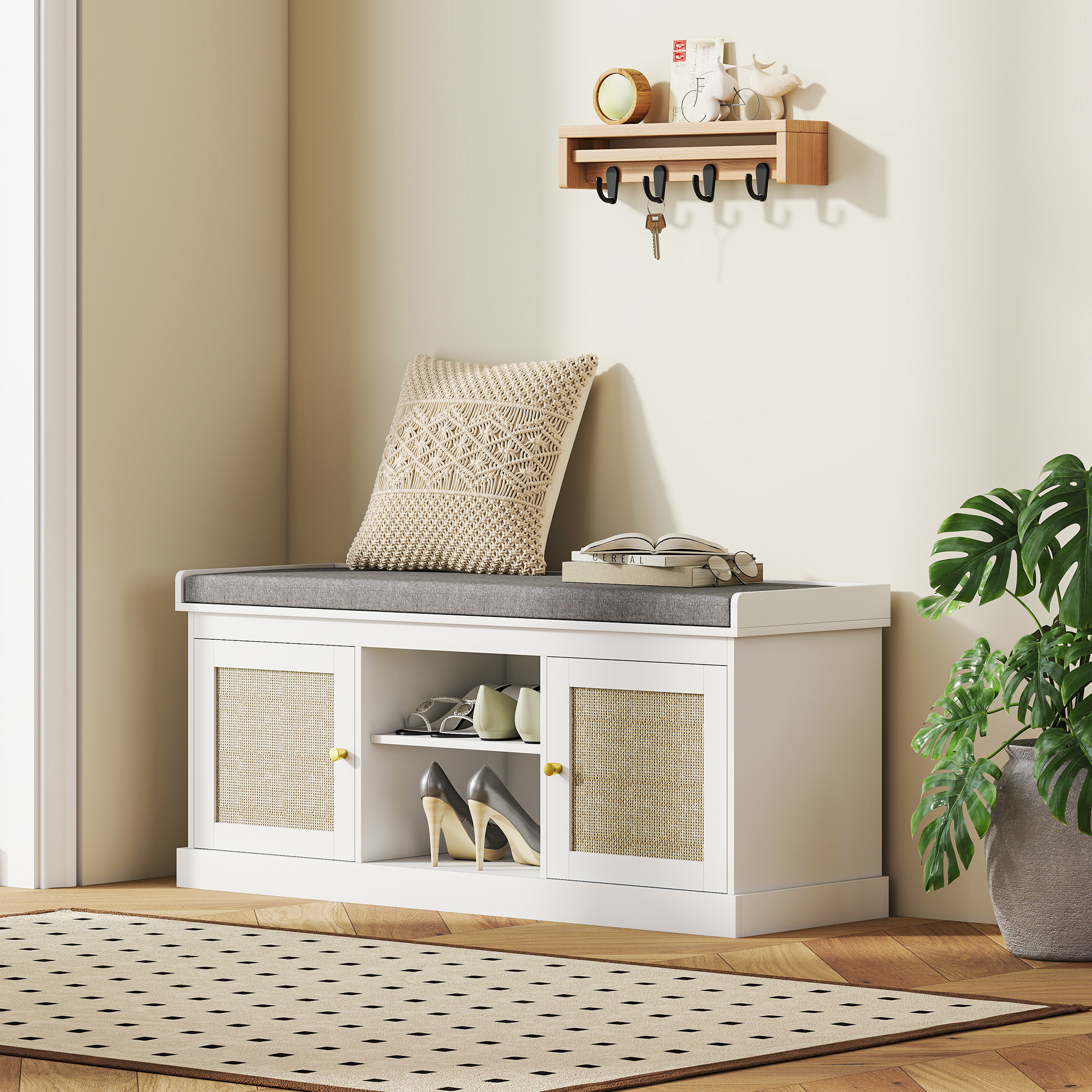 Shoe Bench with Padded Cushion, Boho Entryway Bench with Rattan Doors and Adjustable Shelves, Holds 9 Pairs, White - Image 6