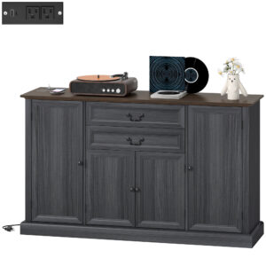 Farmhouse Sideboard with Charging Station and Thickened Top, 58" Buffet Cabinet with 2 Soft-Close Drawers, Black