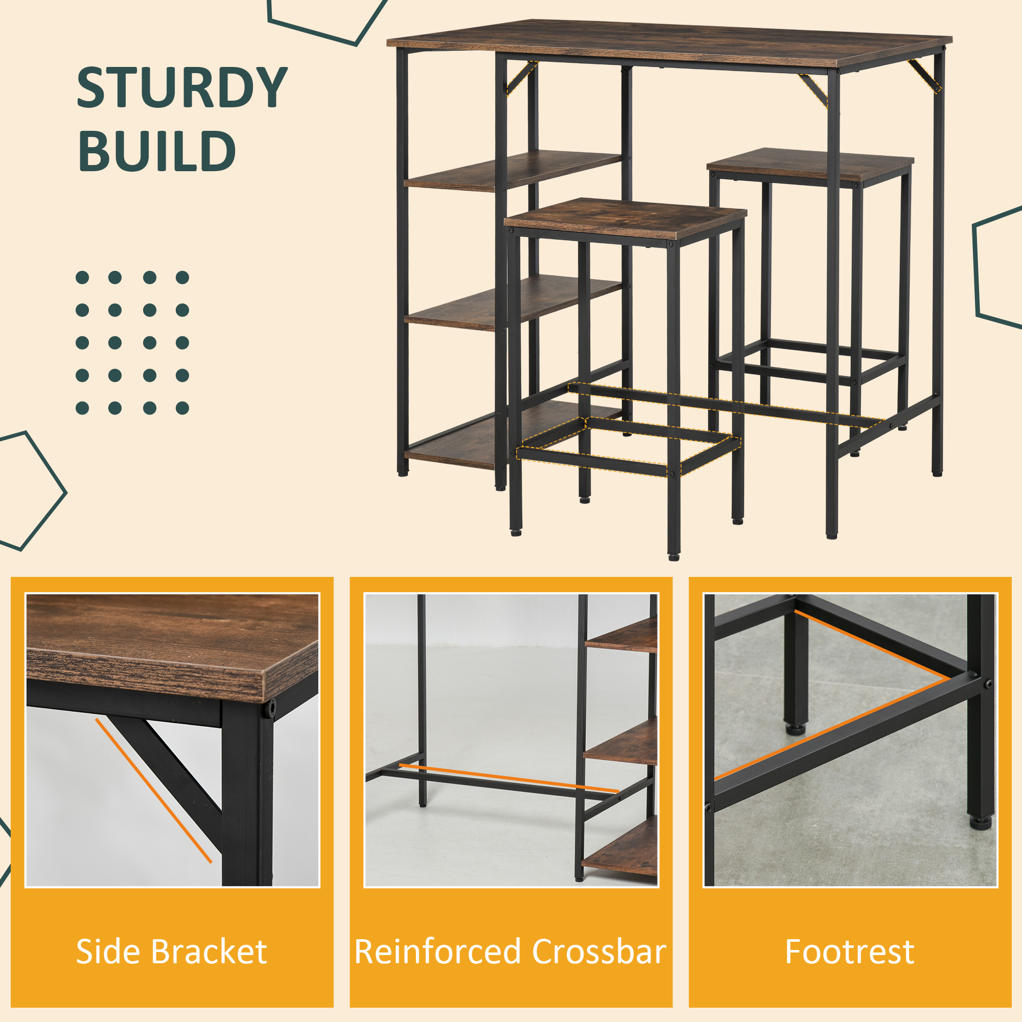 Industrial Dining Table Set for 2, Bar Table and Stools Set, Counter Height Kitchen Table with Chairs with Storage Shelf, Rustic Brown - Image 3
