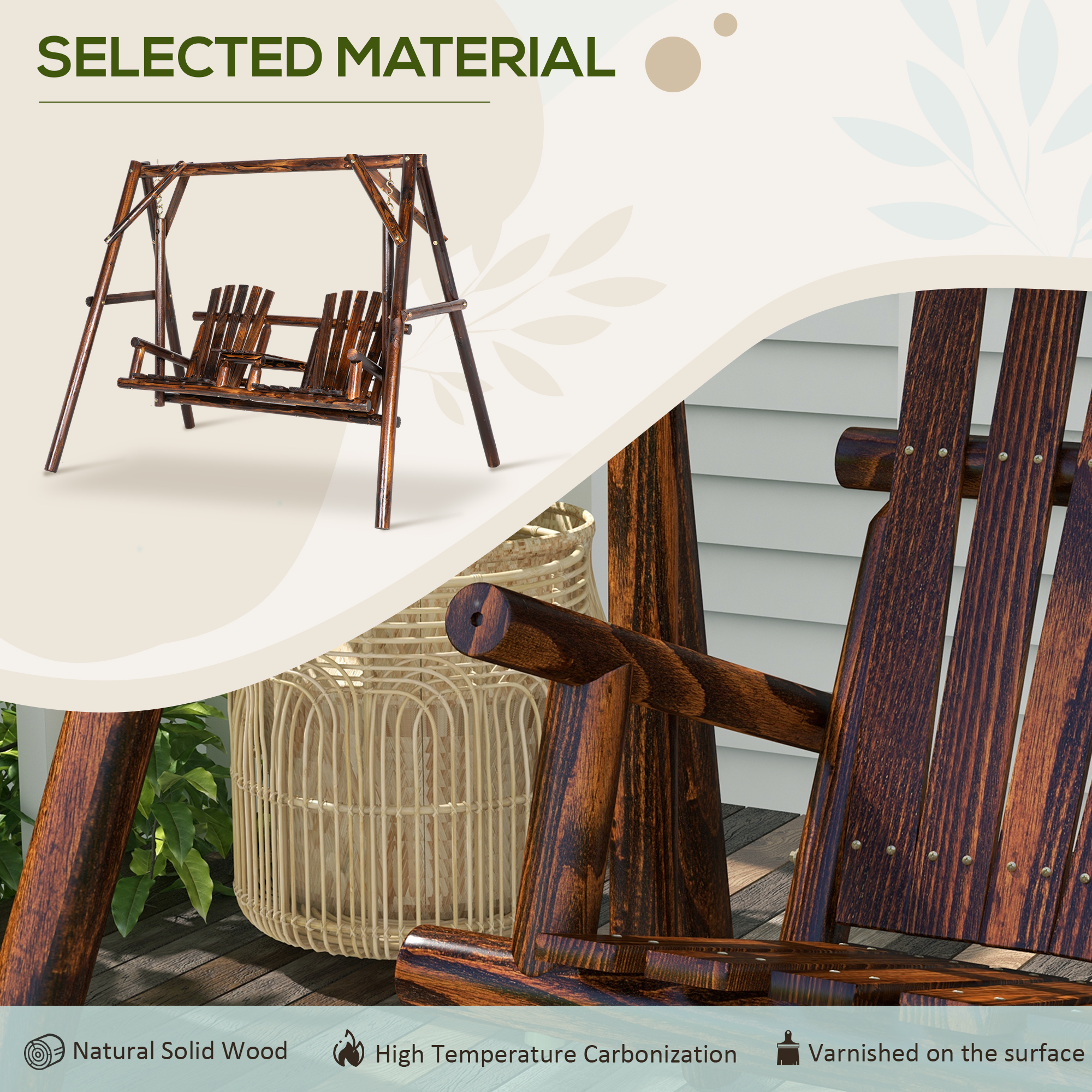 Wooden 2-Seat A-Frame Porch Swing Rustic Patio Bench Outdoor Furniture w/ Table - Image 4