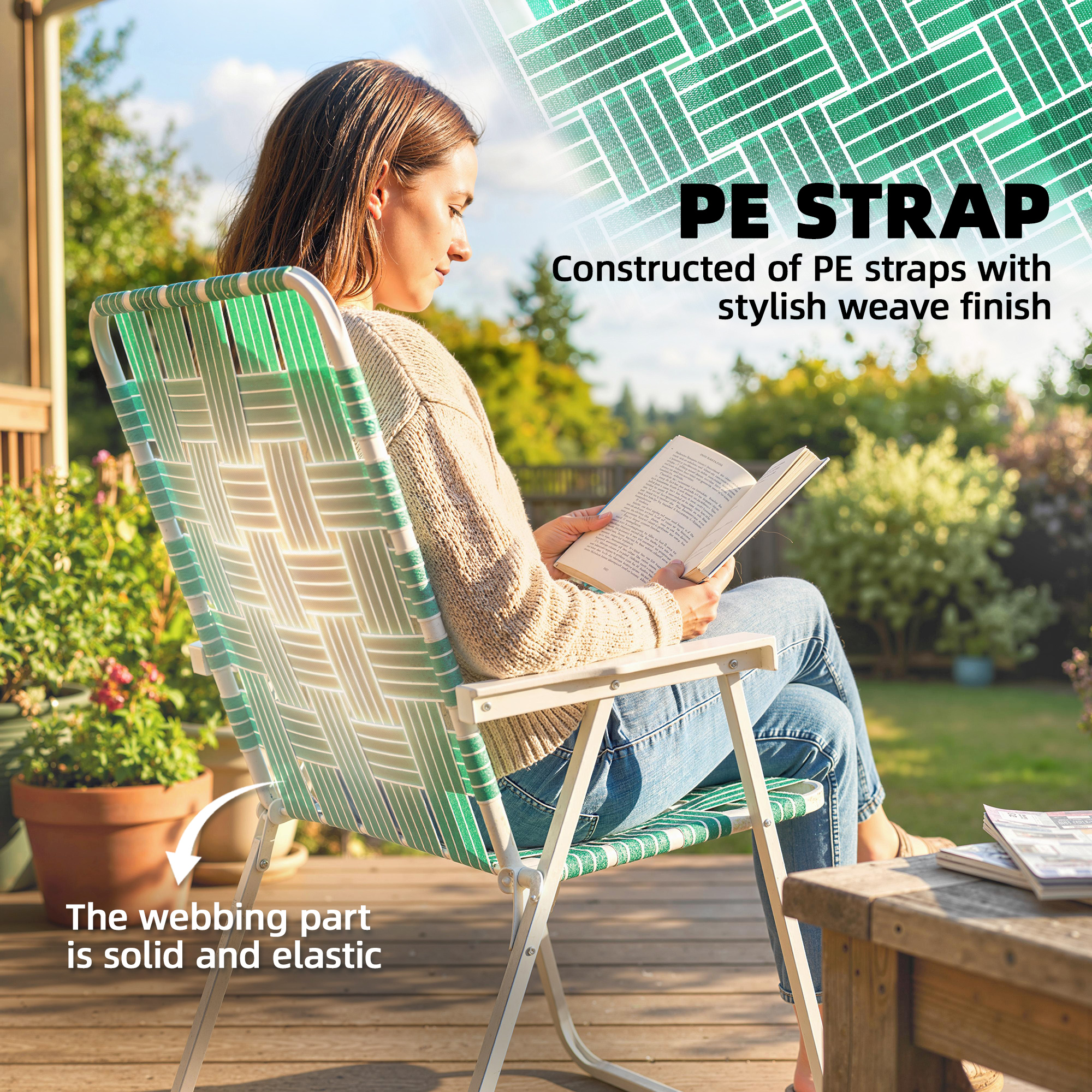 Set of 2 Folding Patio Chairs, Portable Chair Set with Armrests for Camping, Garden, Pool, Beach, Backyard, Green - Image 2