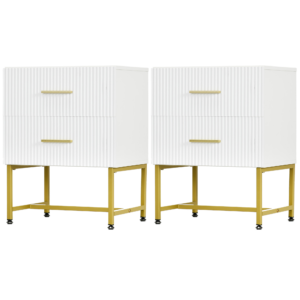 2 Pieces Nightstands with Storage, Modern Bedside Tables with 2 Fluted Drawers and Gold Legs for Bedroom, White