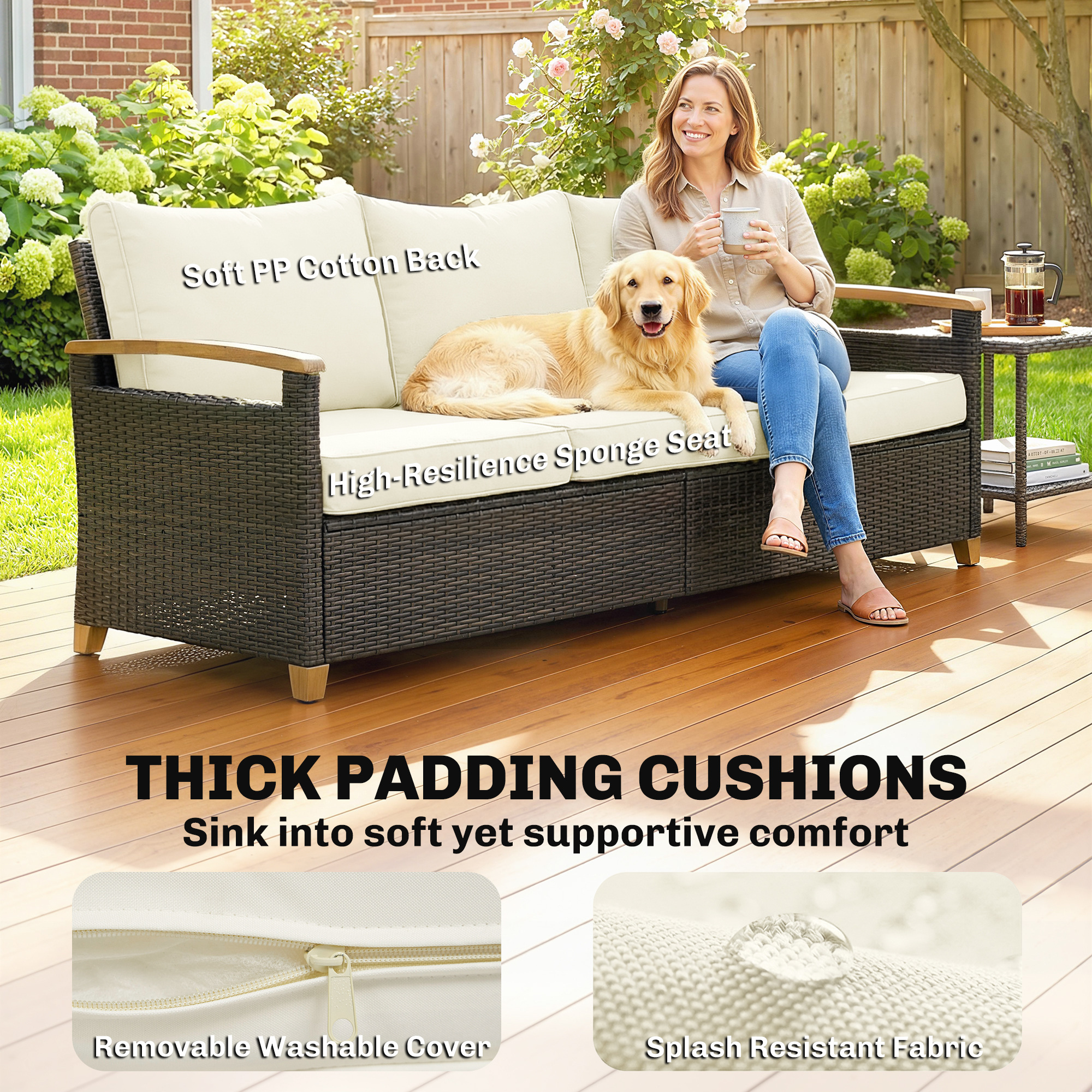 3 Seater Outdoor Couch Sofa, PE Wicker Patio Furniture Couch, Wide Seat, 4" Cushions, Wood-Effect Armrests, Cream White - Image 2