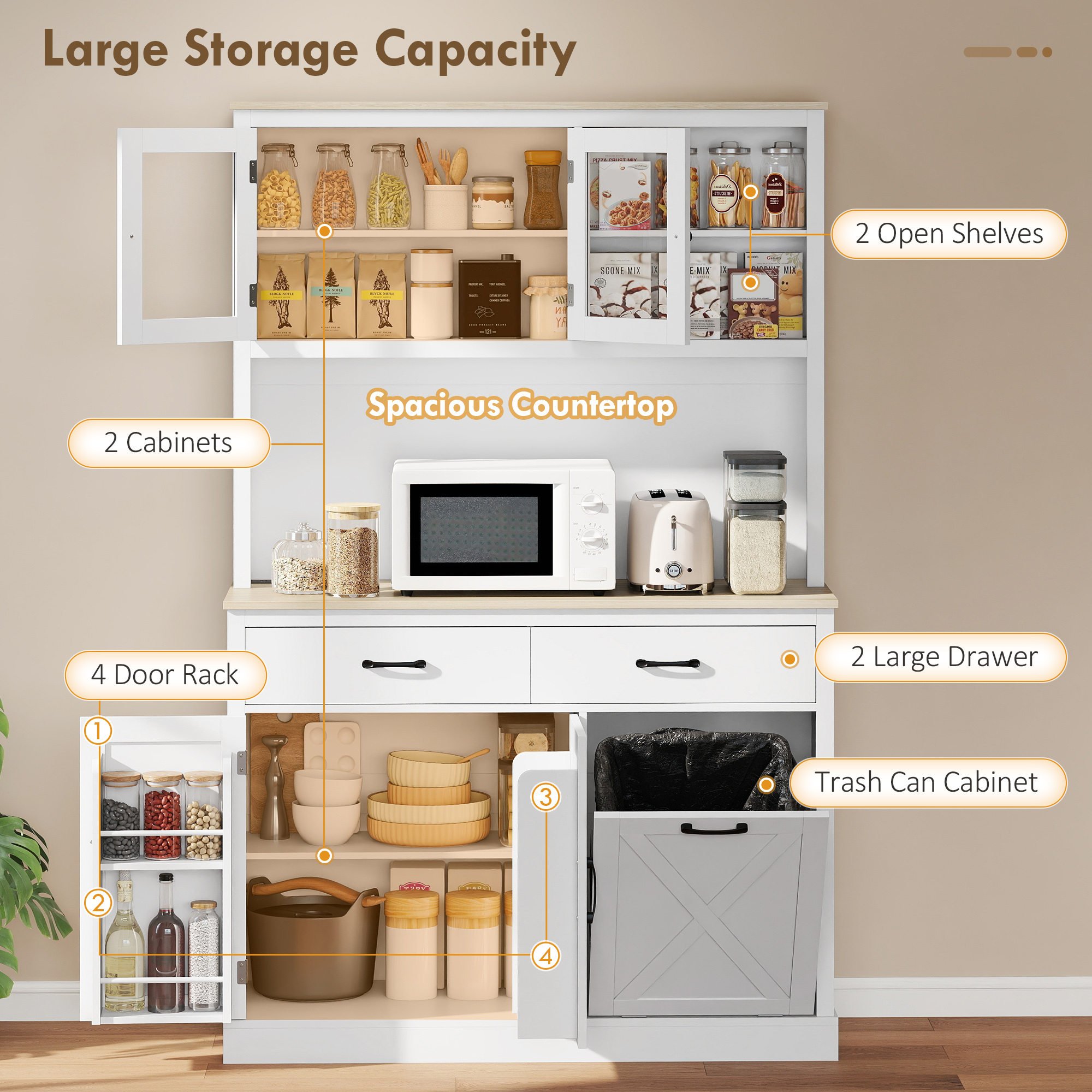 69" Kitchen Pantry Cabinet with Charging Station Kitchen Cabinet with Microwave Stand 7 Gallon Trash Can Cabinet White - Image 2