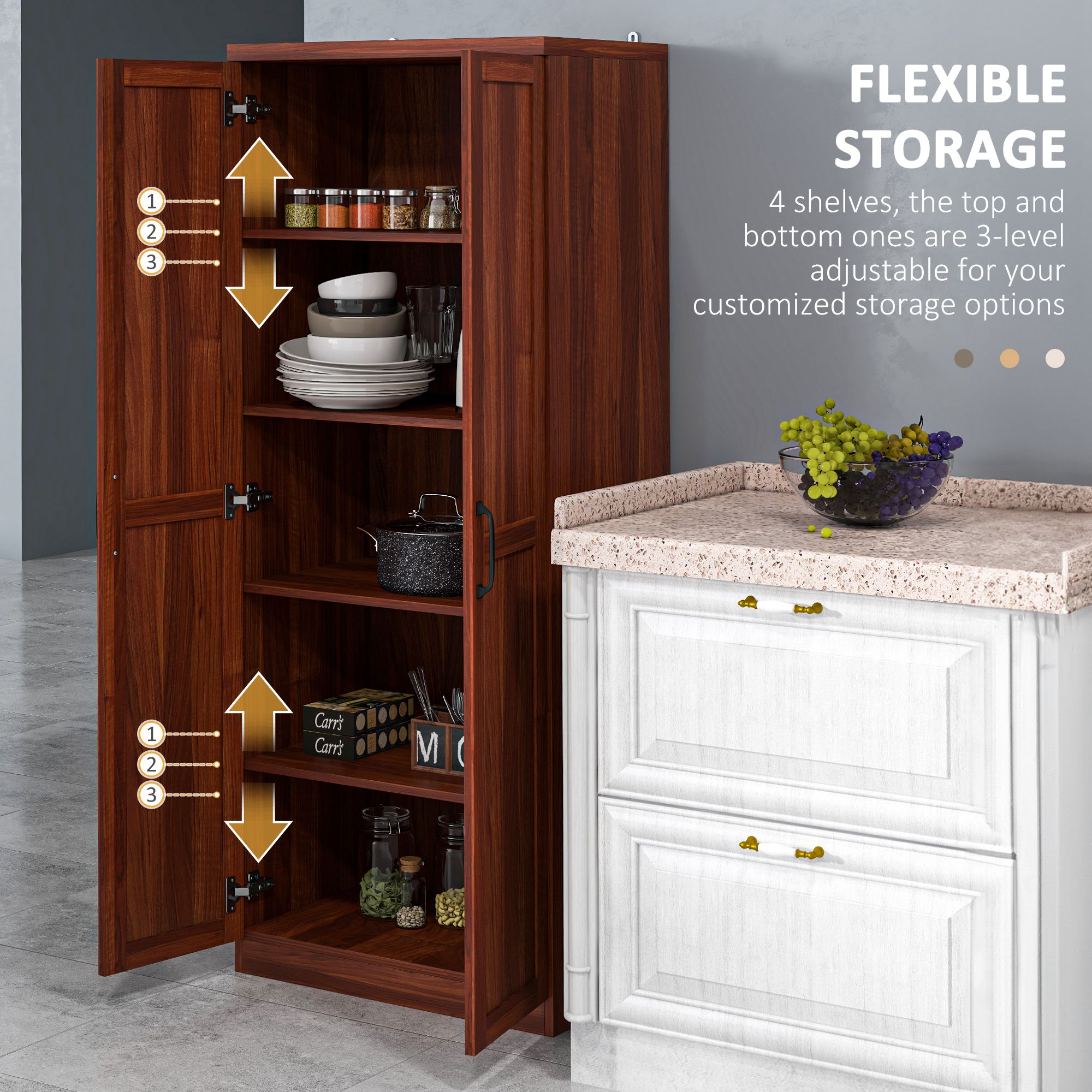 63" Kitchen Storage Cabinet, 5-tier Pantry Cabinet with Doors and Adjustable Shelves for Dining Room, Tan - Image 3