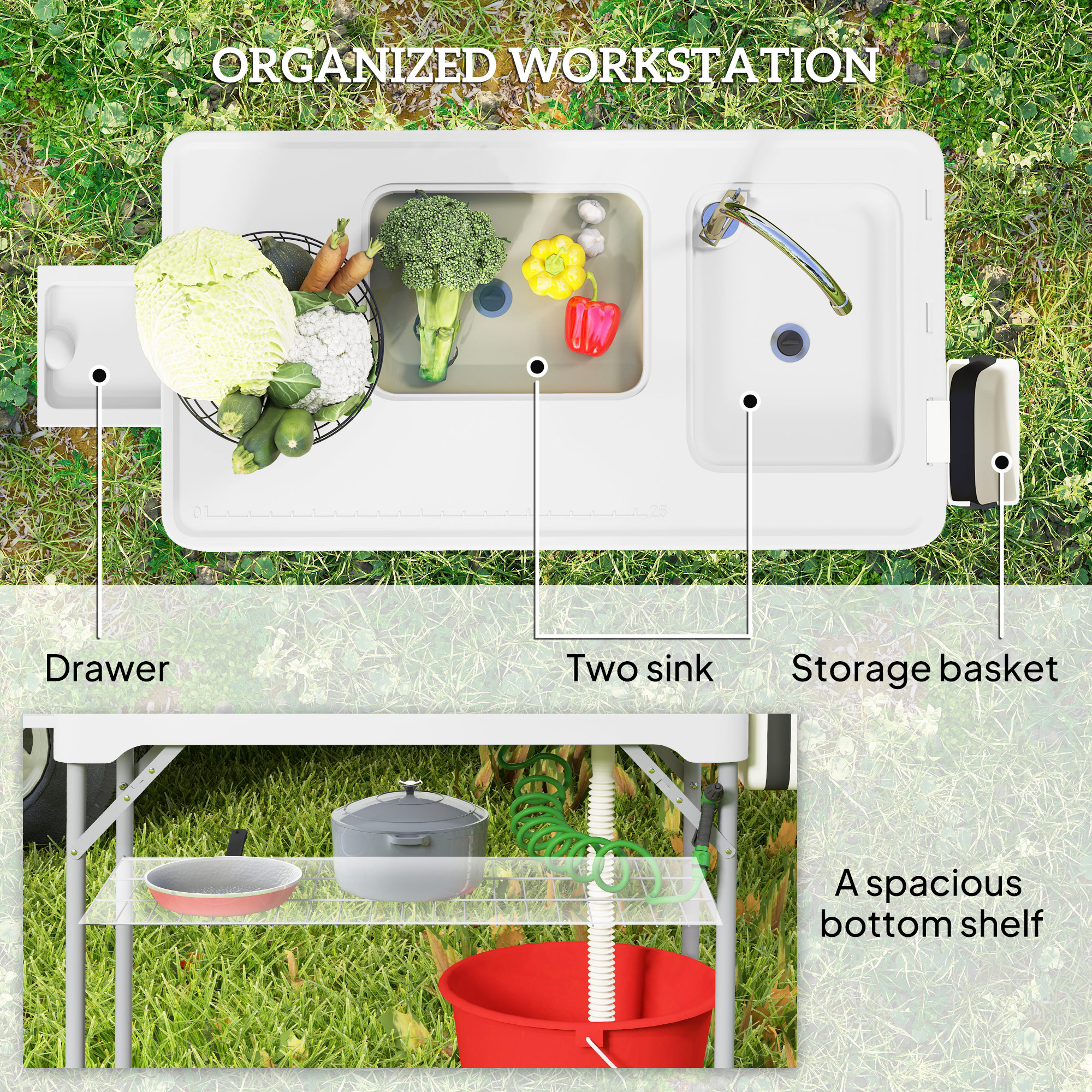 Folding Fish Cleaning Table with Sinks, Camping Sink with Faucet Drainage Hose Sprayer Shelf Drawer Storage Basket, Outdoor Sink Station for Beach Patio Picnic, White - Image 4