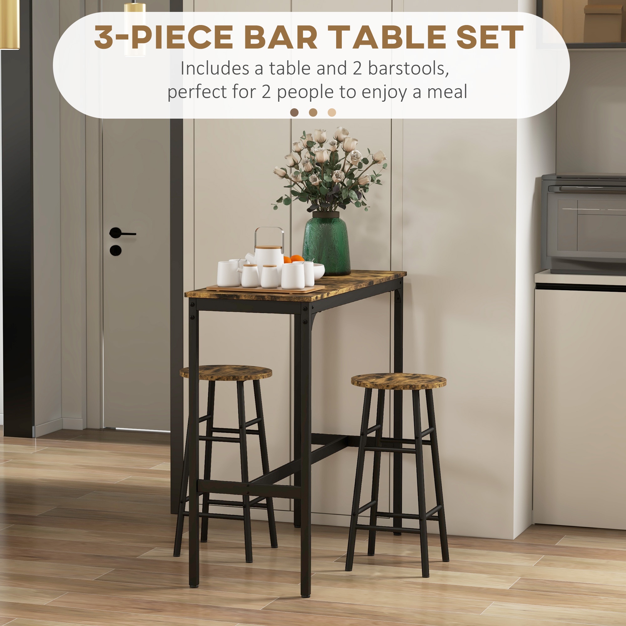 3-Piece Counter Height Bar Table and Chairs, Dining Table and Chairs Set for 2, Pub Table and Chairs - Image 2
