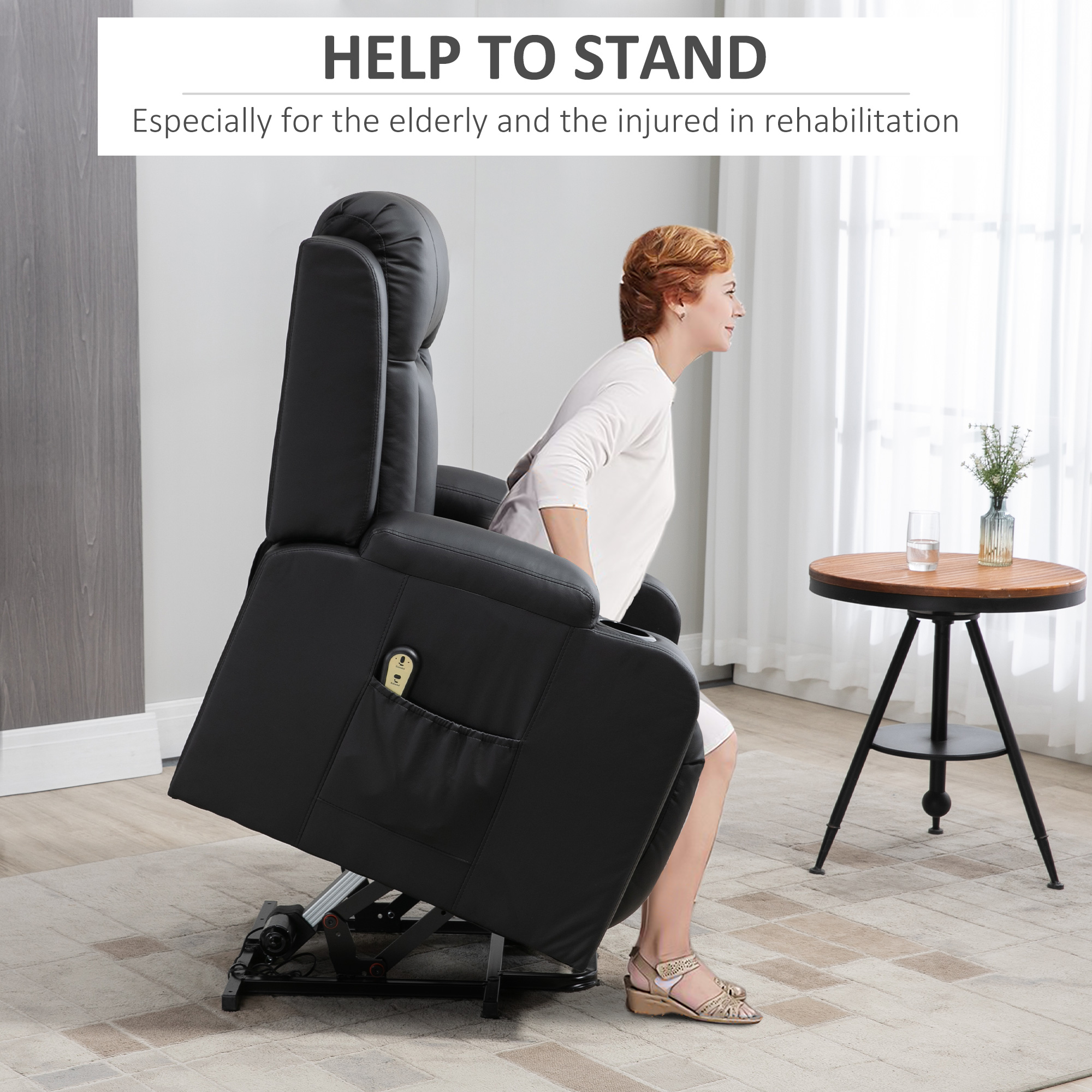 Power Lift Recliner Chair for Elderly, PU Leather Electric Recliner Chair with Footrest, Remote Control, Side Pockets and Cup Holders for Living Room, Black - Image 3