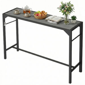 Bar Height Outdoor Table with Built-In Bottle Opener, Patio Bar Table with Wood Grain Plastic Top, 55" x 15" x 39"