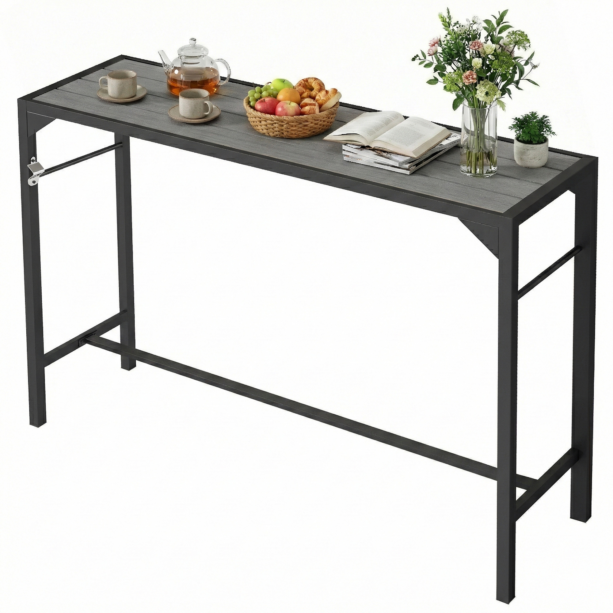 Bar Height Outdoor Table with Built-In Bottle Opener, Patio Bar Table with Wood Grain Plastic Top, 55" x 15" x 39"