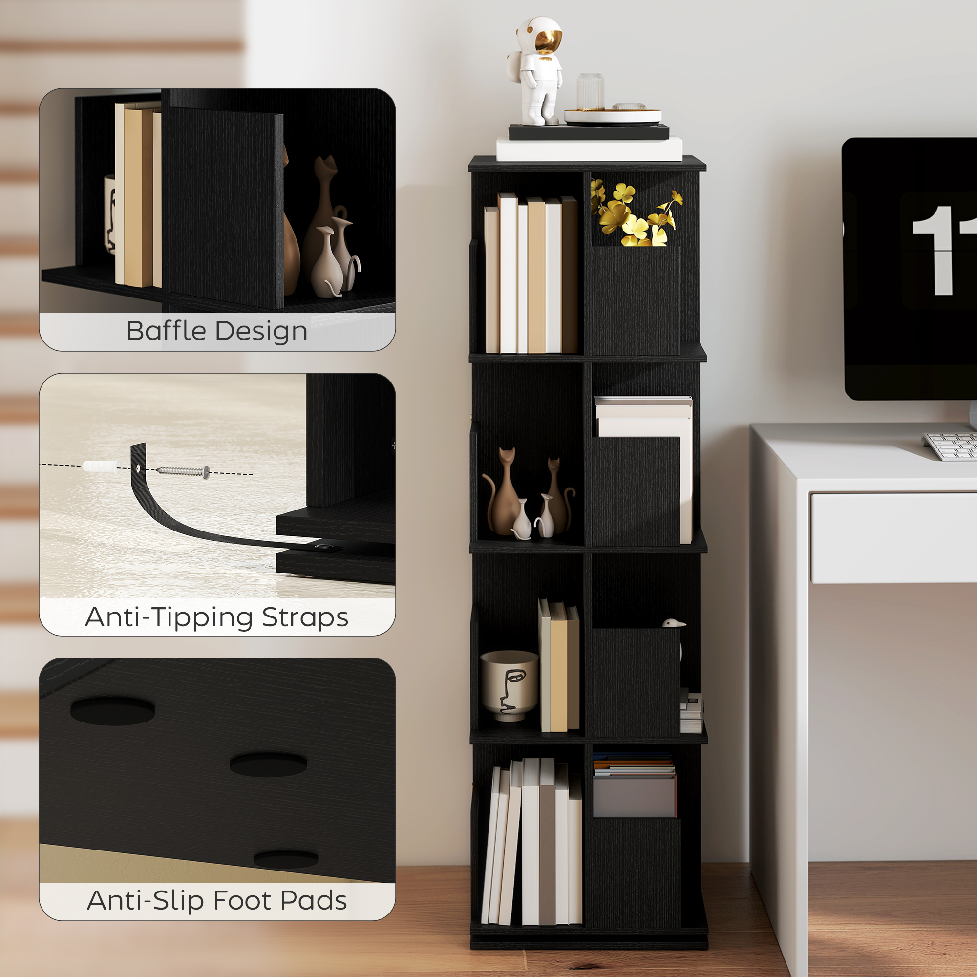 360° Rotating Bookcase with Anti-Tipping Straps, Anti-Slip Foot Pads, 4 Tier Bookshelf with 16 Cubbies for Books, Plants, Decorations, Black - Image 4