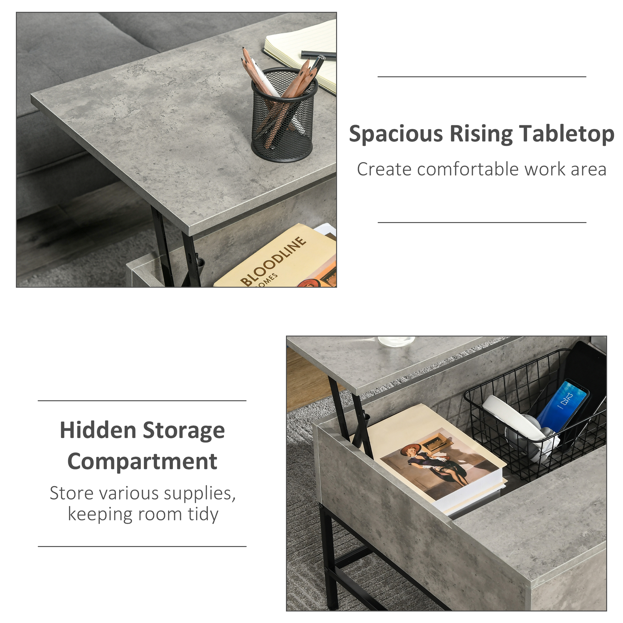 Lift Top Coffee Table with Hidden Storage Compartment Lift Tabletop Center Table for Living Room, Grey - Image 4
