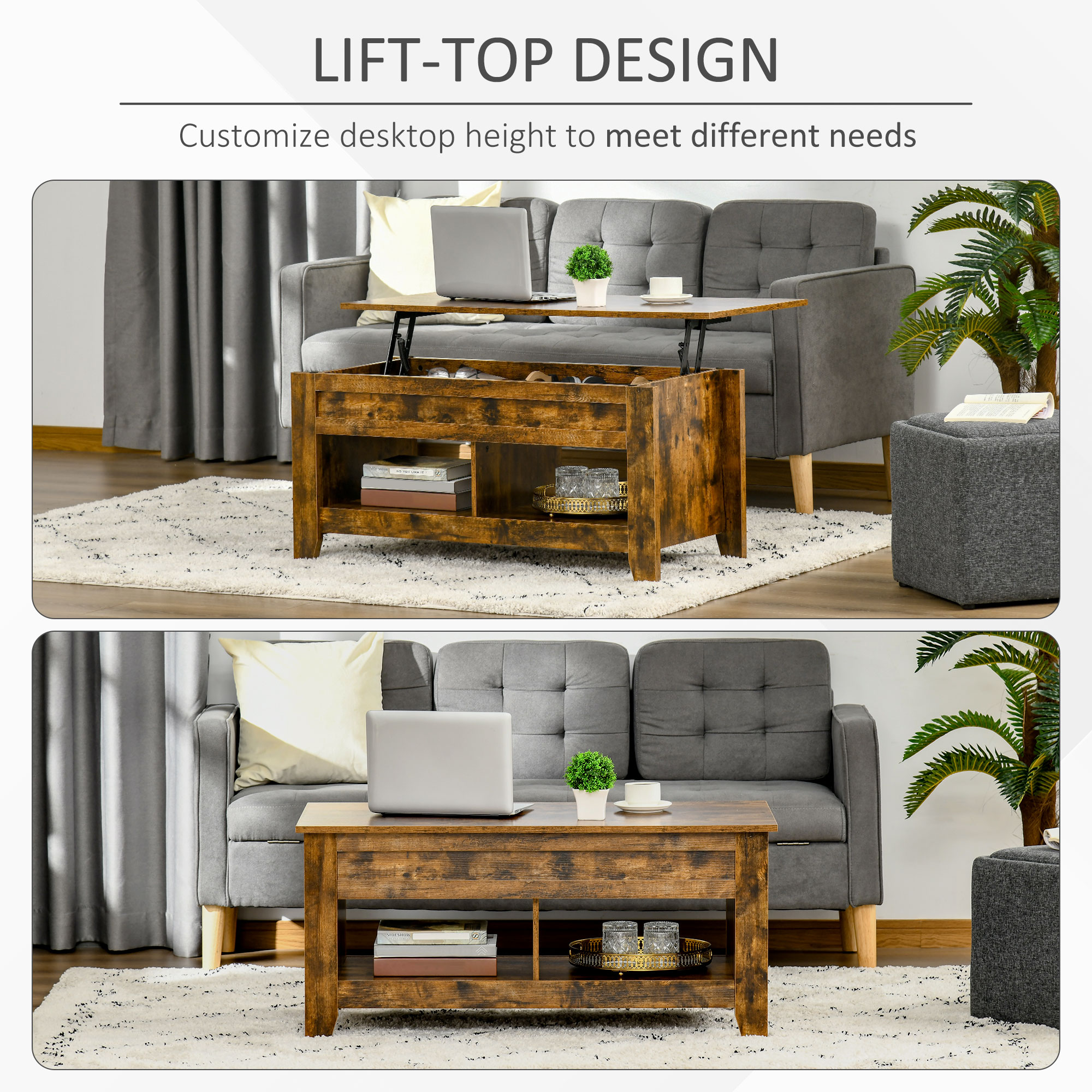 Lift Top Coffee Table with Hidden Storage Compartment and Open Shelves, Lift Tabletop Pop-Up Center Table for Living Room, Brown - Image 2
