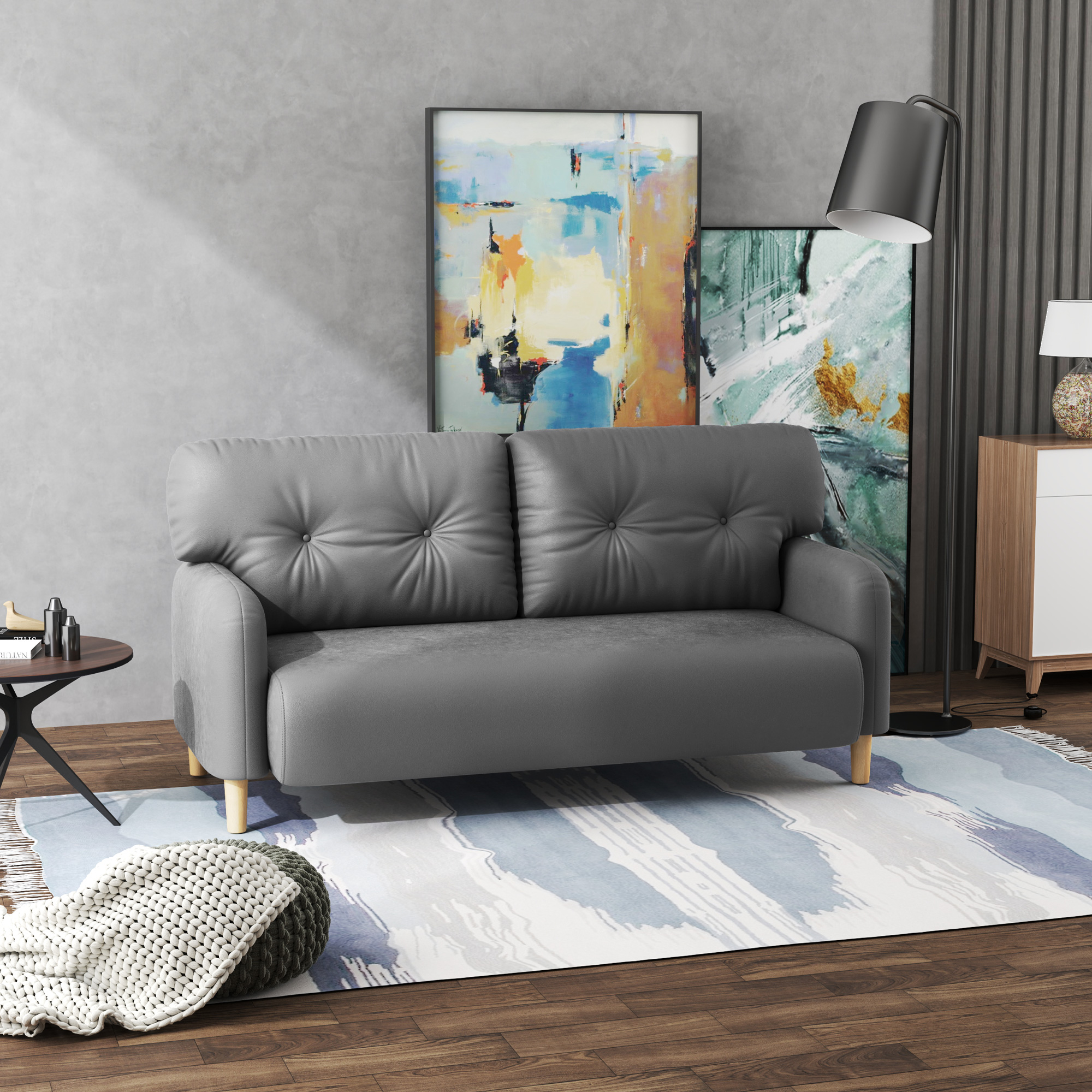 58" 2 Seat Sofa, Modern Love Seats Furniture, Upholstered 2 Seater Couch, Solid Wood Frame, Grey - Image 5