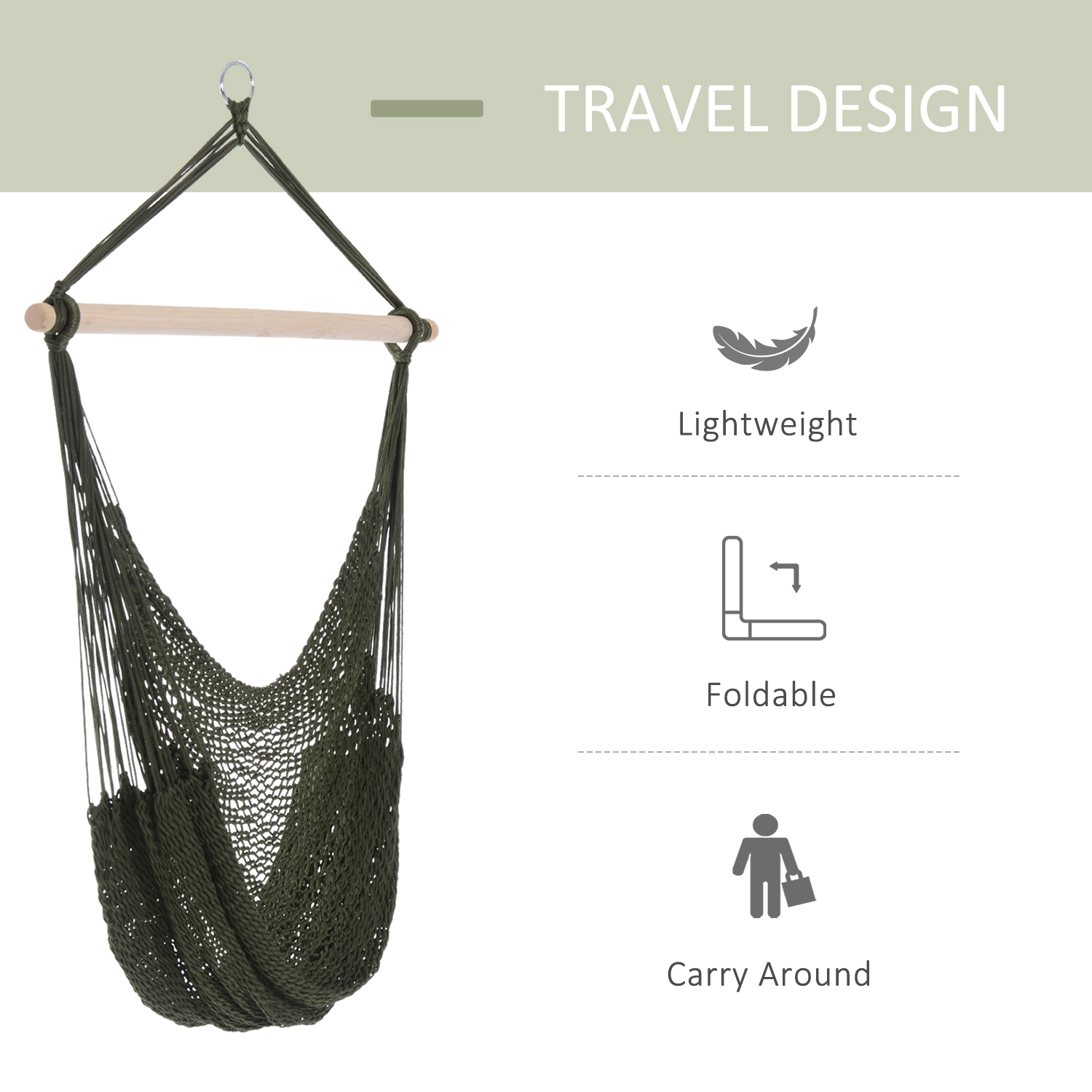 Portable Hammock Chair, Hanging Woven Hammock Swing Chair Sleeping Bed for Outdoor Garden Yard Camping, Army Green - Image 3