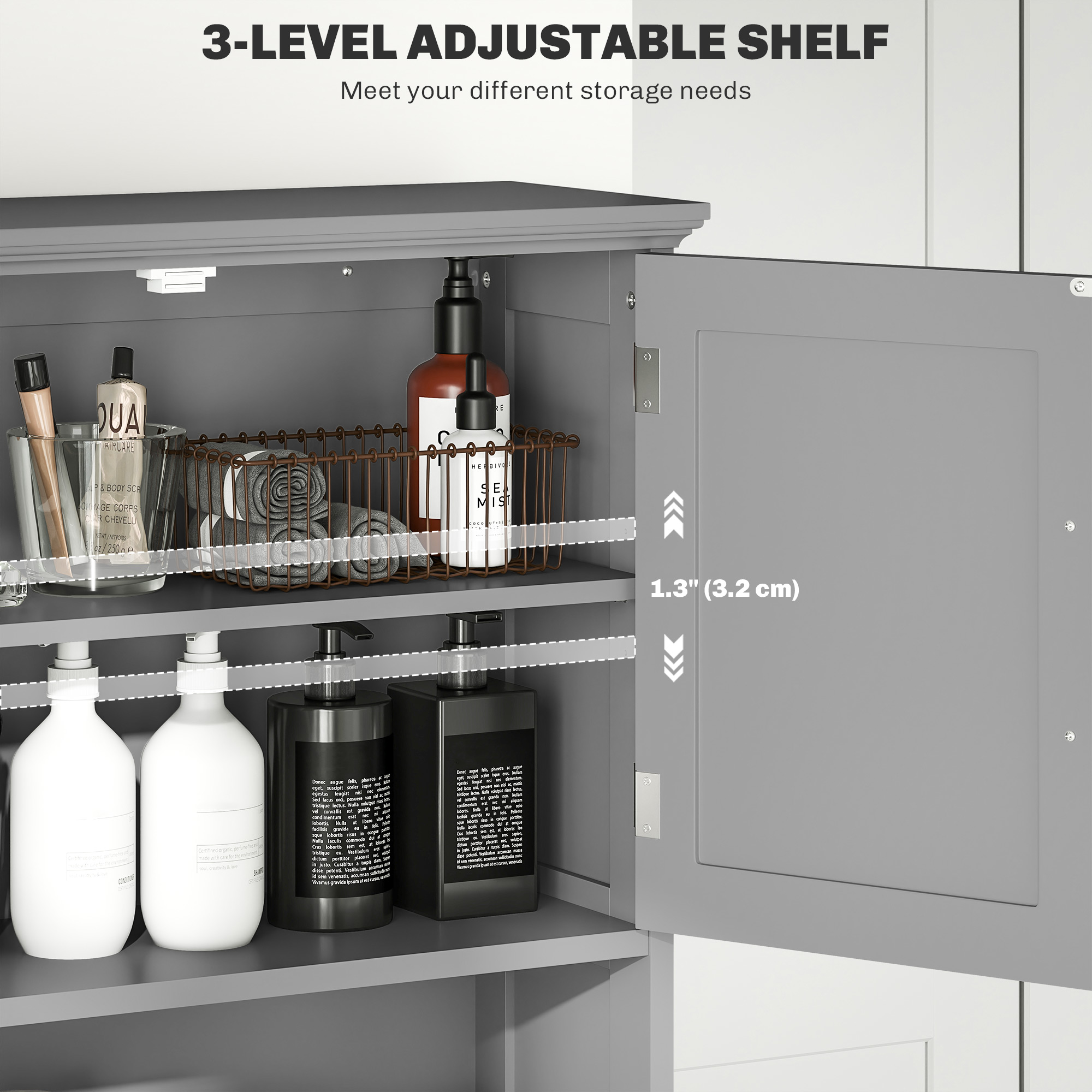 Modern Over The Toilet Storage, Bathroom Cabinets Over Toilet with Open Shelves and Double Door Cabinet, Grey - Image 4
