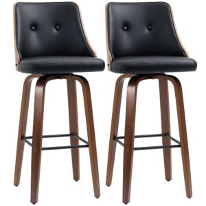 Bar Height Bar Stools Set of 2, PU Leather Upholstered Swivel Barstools with Solid Wood Legs Footrest and Tufted Back, Black