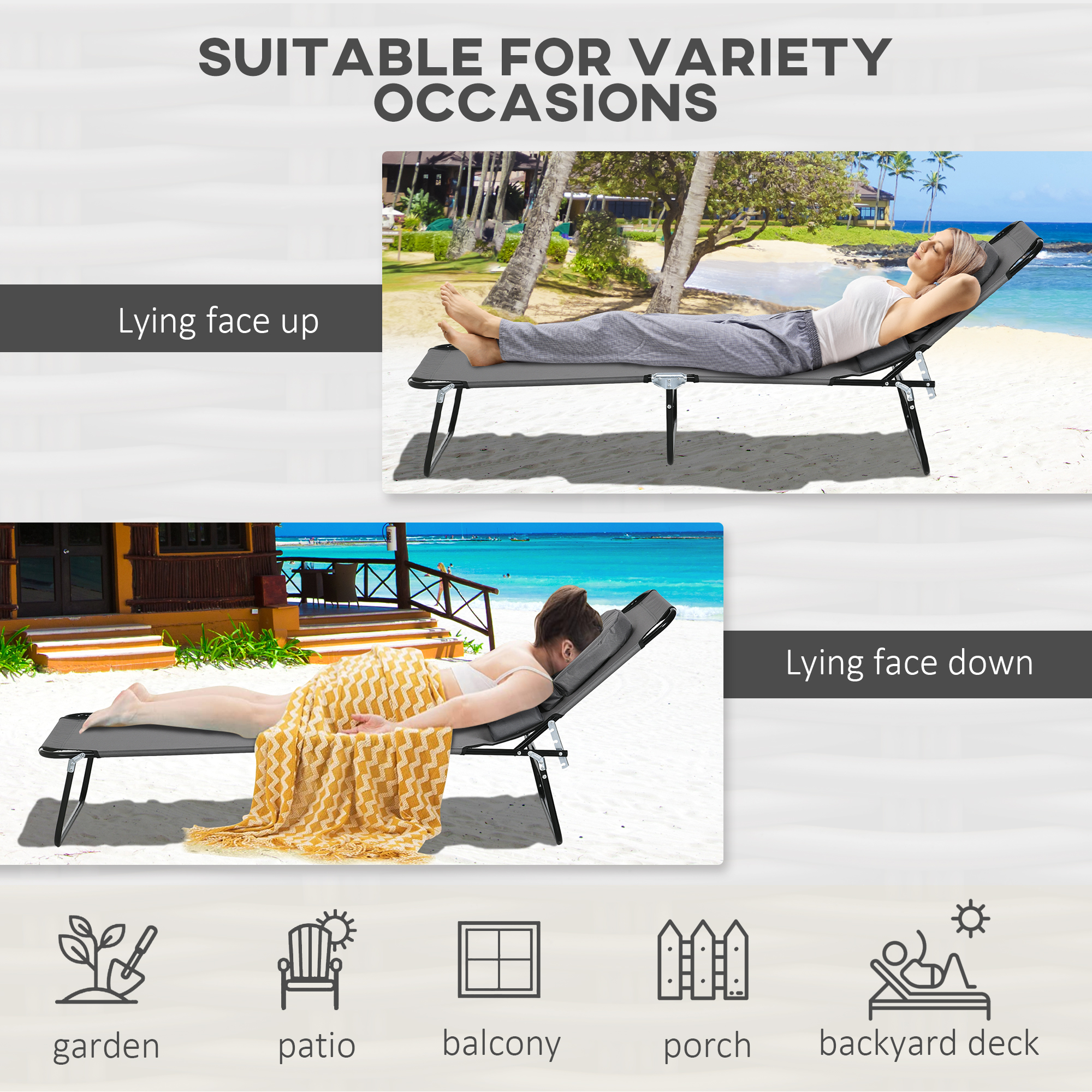 Folding Lounge Chair Set of 2, Reclining Beach Tanning Chair with Face Hole, Pillow, 4-Position Adjustable Flat Sun Lounger, Steel Frame for Outdoor Patio Pool, Grey - Image 3