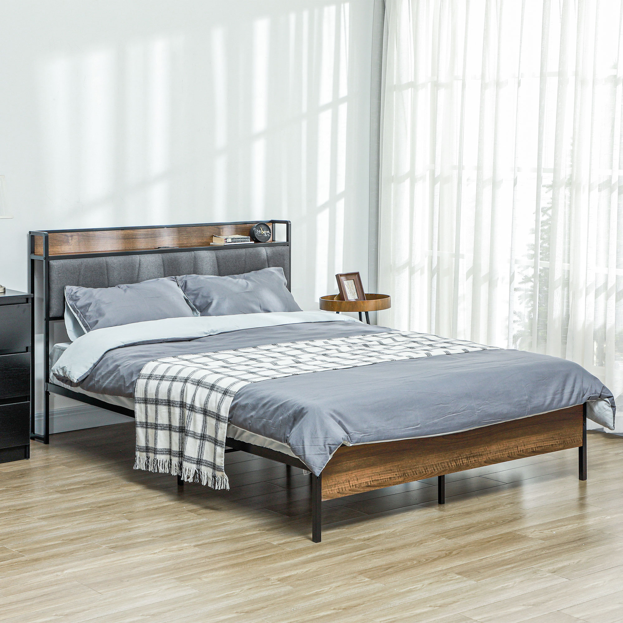 Queen Size Bed Frame with Charging Station, Queen Bed Frame with Upholstered Headboard and Storage Shelf, Walnut - Image 5