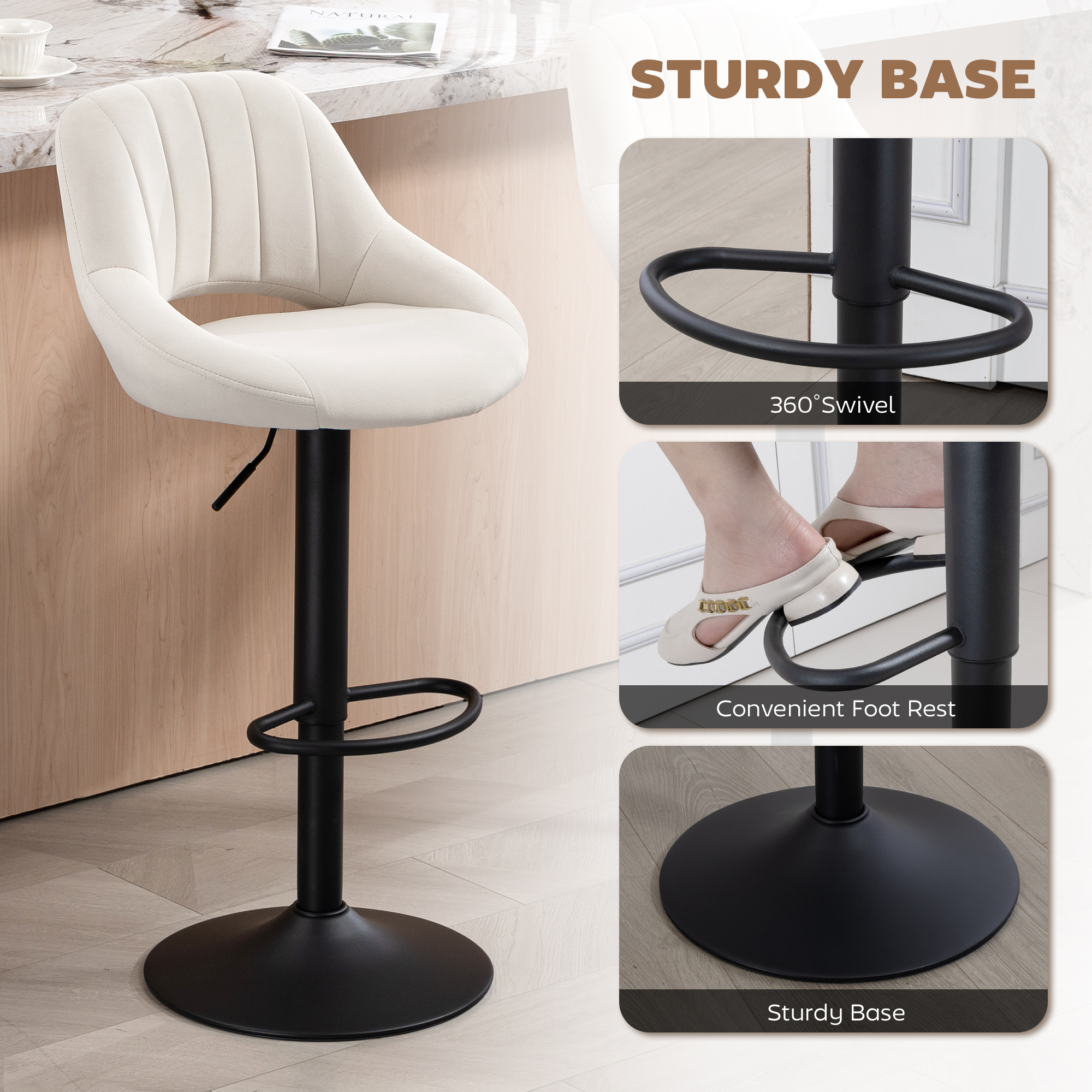 Bar Stools Set of 2, Swivel Counter Height Barstools with Adjustable Height and Cutout Back, Velvet Upholstered Bar Chairs with Round Metal Base and Footrest, Cream - Image 4