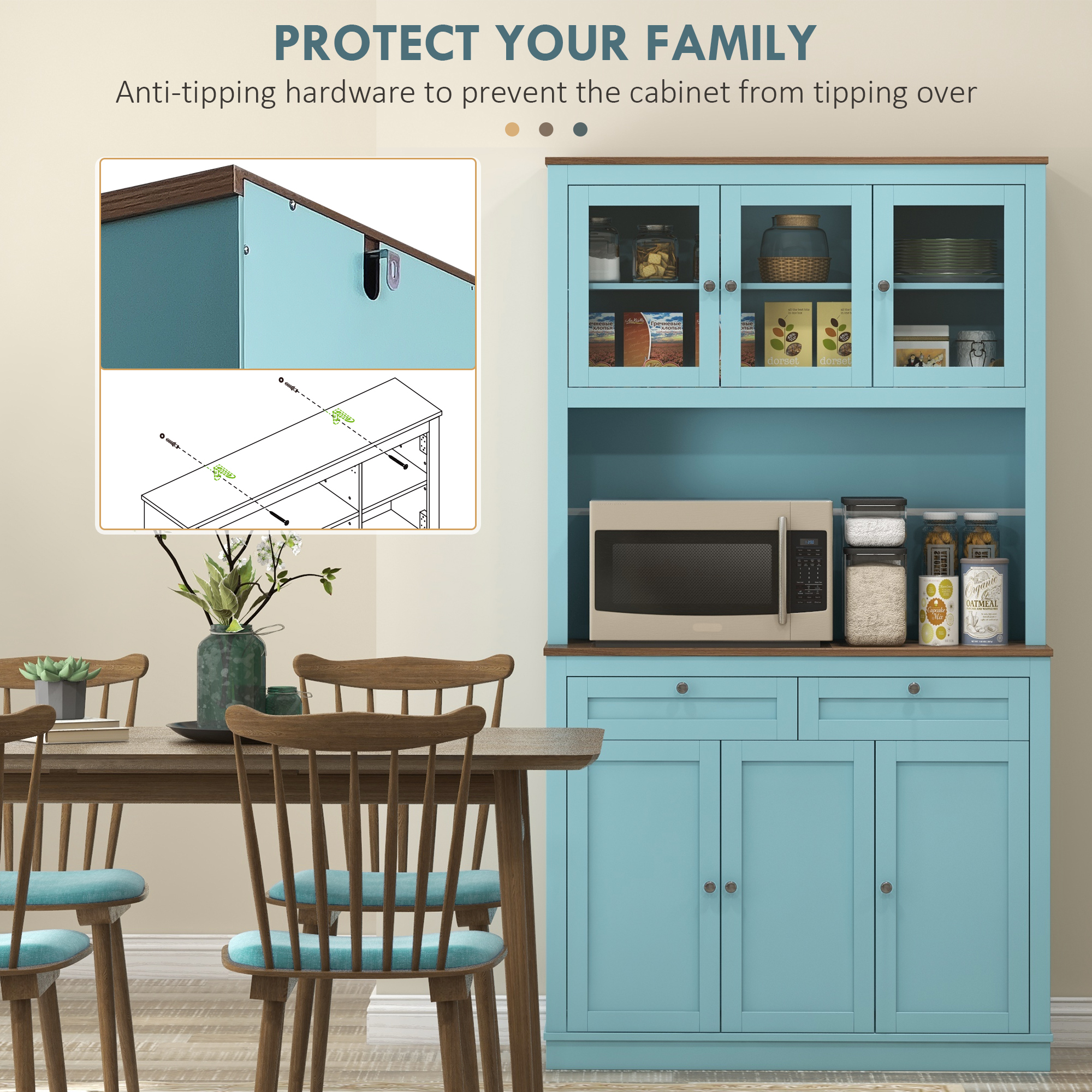 71" Pantry Cabinet with Microwave Space, Buffet with Hutch, 2 Drawers, Adjustable Shelves and Glass Doors, Blue - Image 4