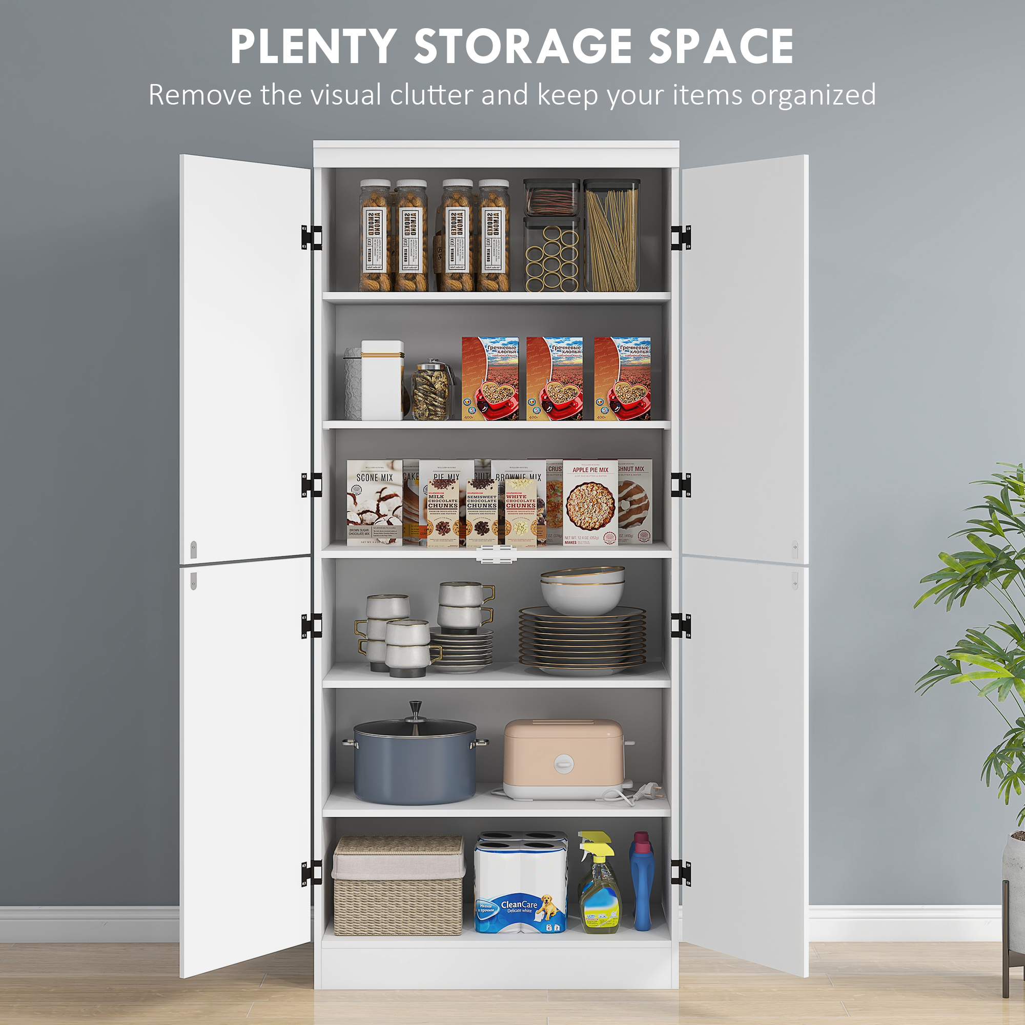 70" 4-Door Storage Cabinet, Freestanding Pantry Cabinet with Adjustable Shelves for Living Room, White - Image 2
