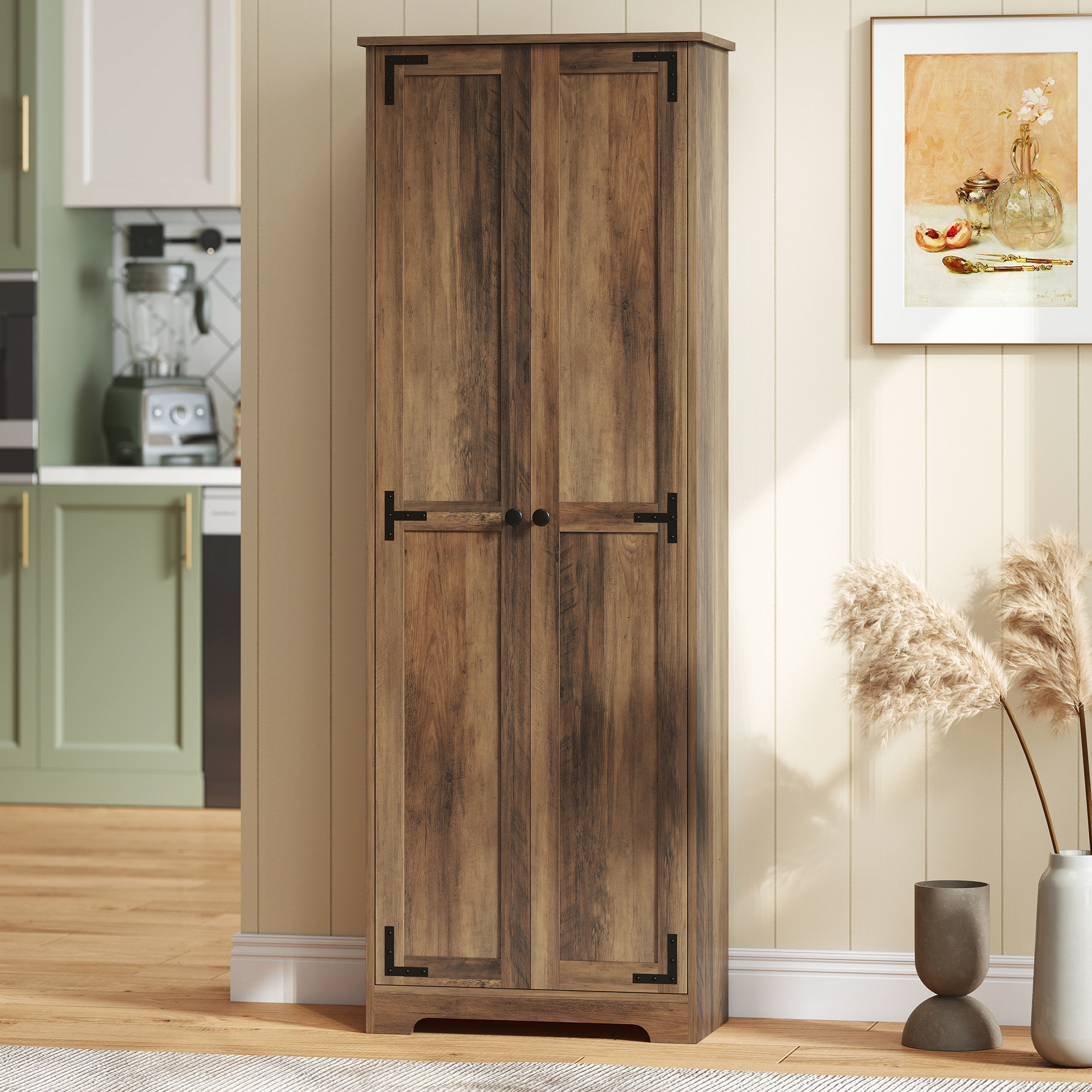 67" Farmhouse Pantry Cabinet with 2 Doors, Tall Storage Cabinet with Adjustable Shelves, Brown Wood Grain - Image 6