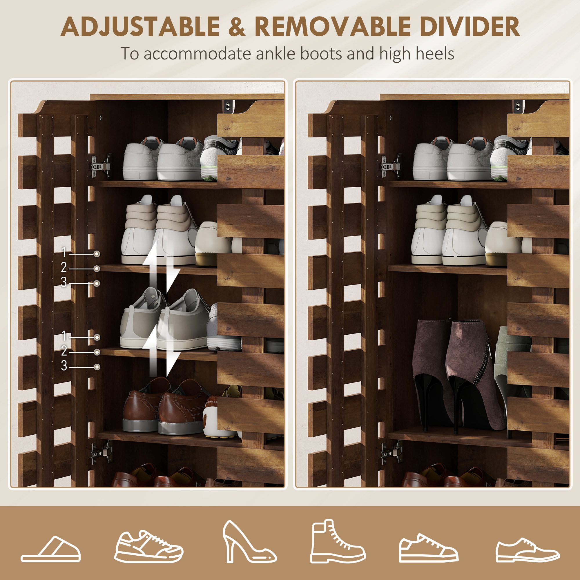 Shoe Cabinet, 20 Pair Shoe Storage Cabinet with Hollowed-Out Doors, Distressed Brown - Image 3