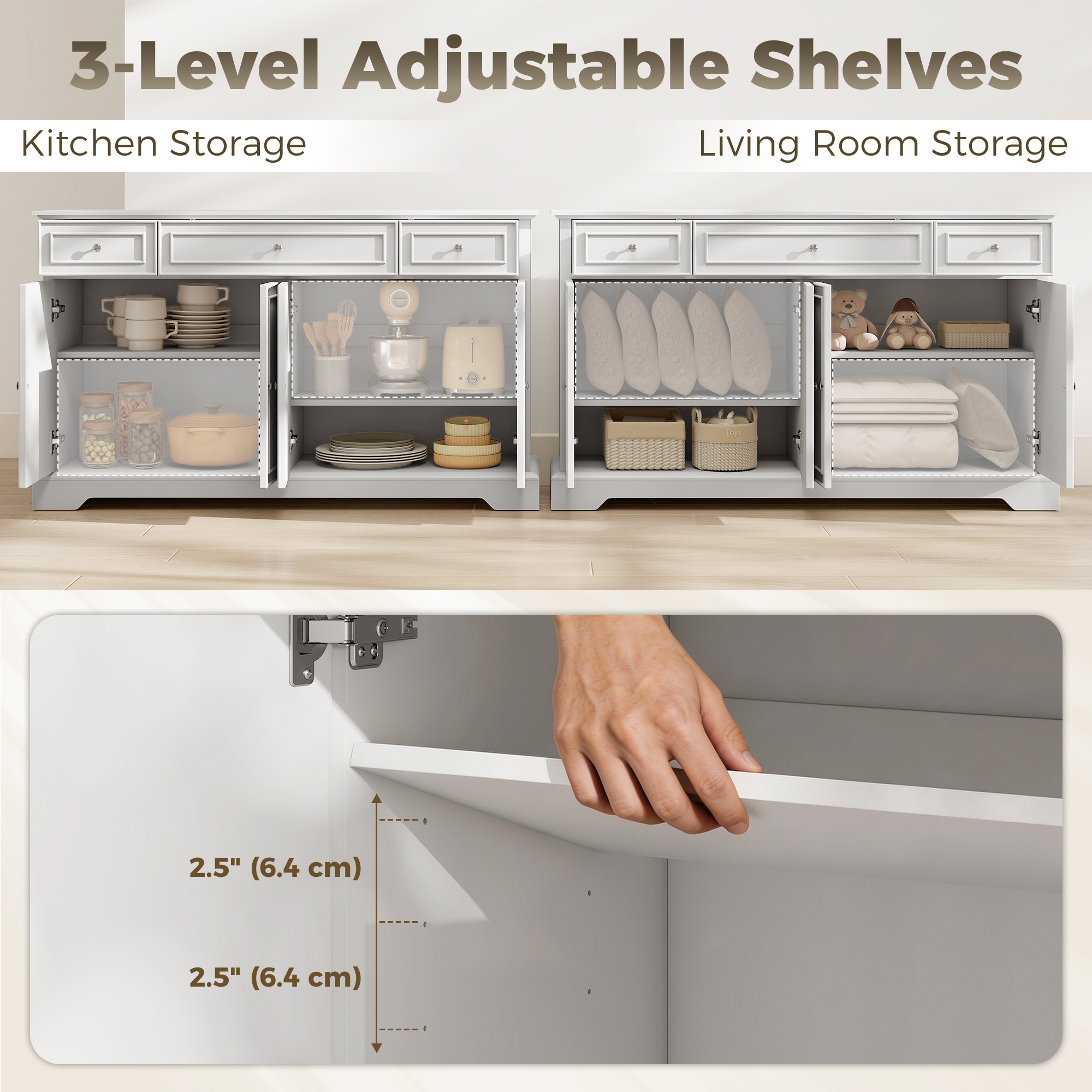 Sideboard Buffet Cabinet, 54" Kitchen Storage Cabinet with Soft-Close Doors, 3 Drawers and 2 Adjustable Shelves, White - Image 4
