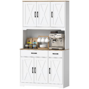 Tall Kitchen Pantry, 6 Doors, 2 Drawers, Adjustable Shelves & Worktop, Rustic Storage Cabinet for Living Room White