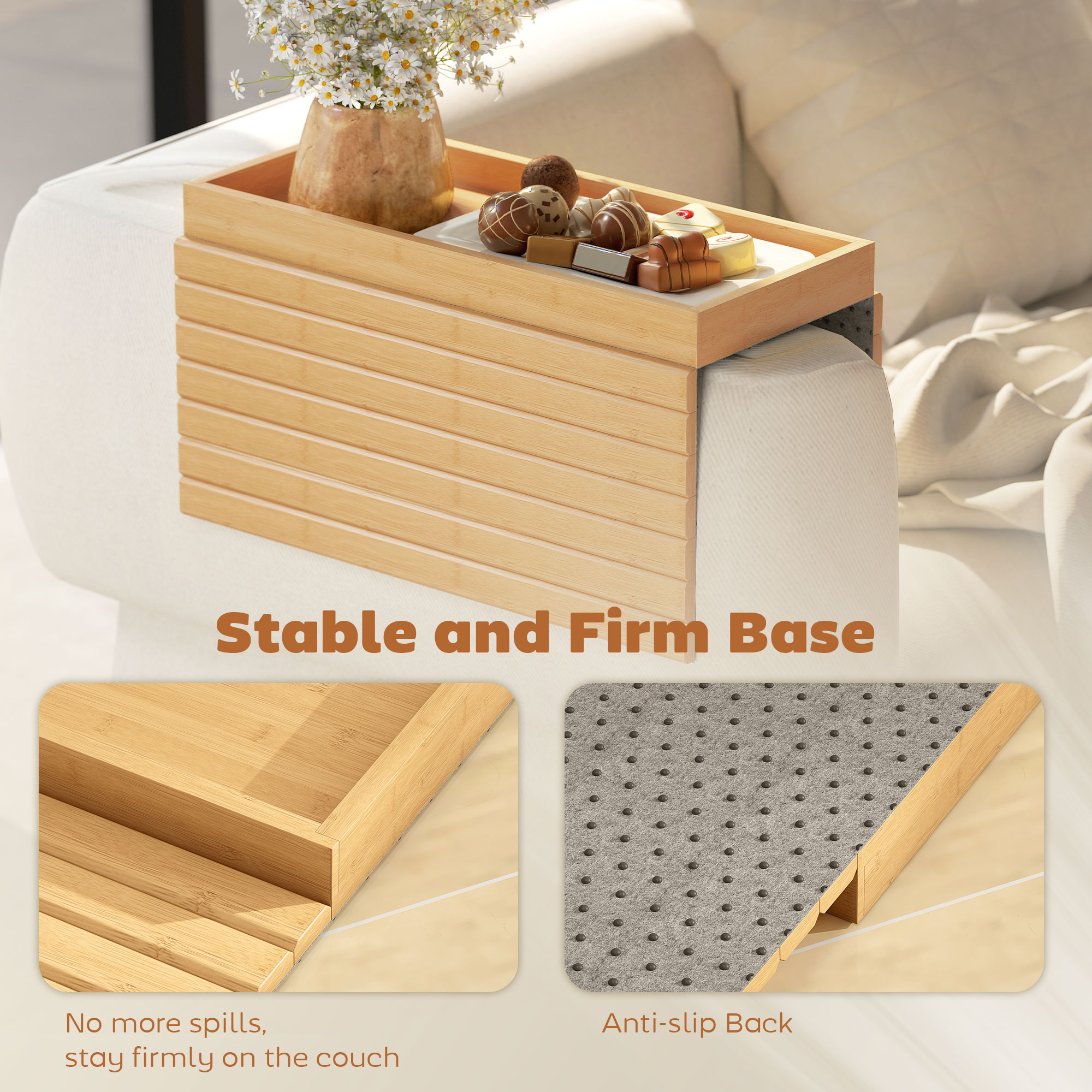 Bamboo Couch Arm Tray, Sofa Armrest Tray with Flexible Roll-up Design and Wide Compartment, Natural - Image 4