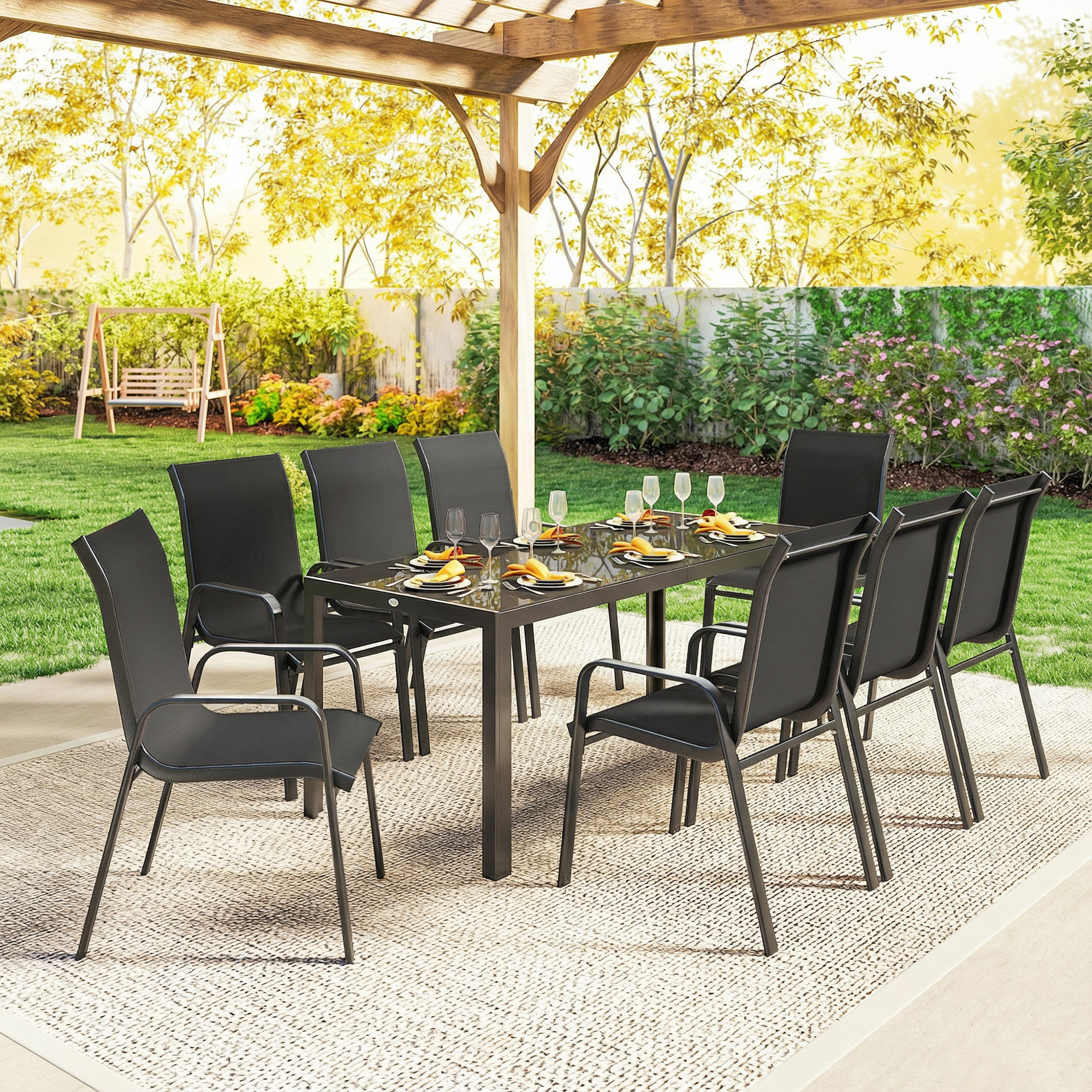 9 Pieces Patio Set with Stackable Chairs, Patio Dining Set with Glass Top for Garden, Patio, Backyard, Black - Image 5
