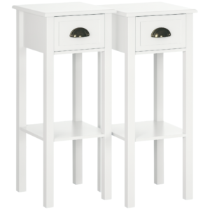 2 Tier Side Table, Set of 2, Narrow Tall End Table with Drawer and Shelf, Slim Wooden Nightstand for Living Room, Bedroom, Hallway, White